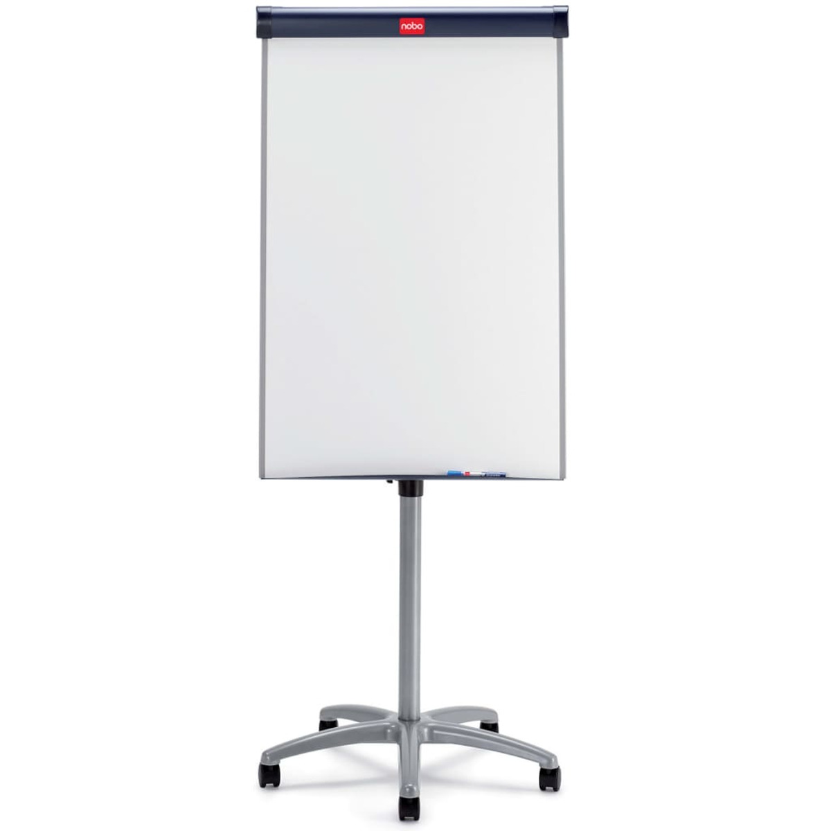 Weißes Flipchart auf einem silbernen Ständer. Die Oberseite des Charts ist dunkelblau mit 'nobo'.
