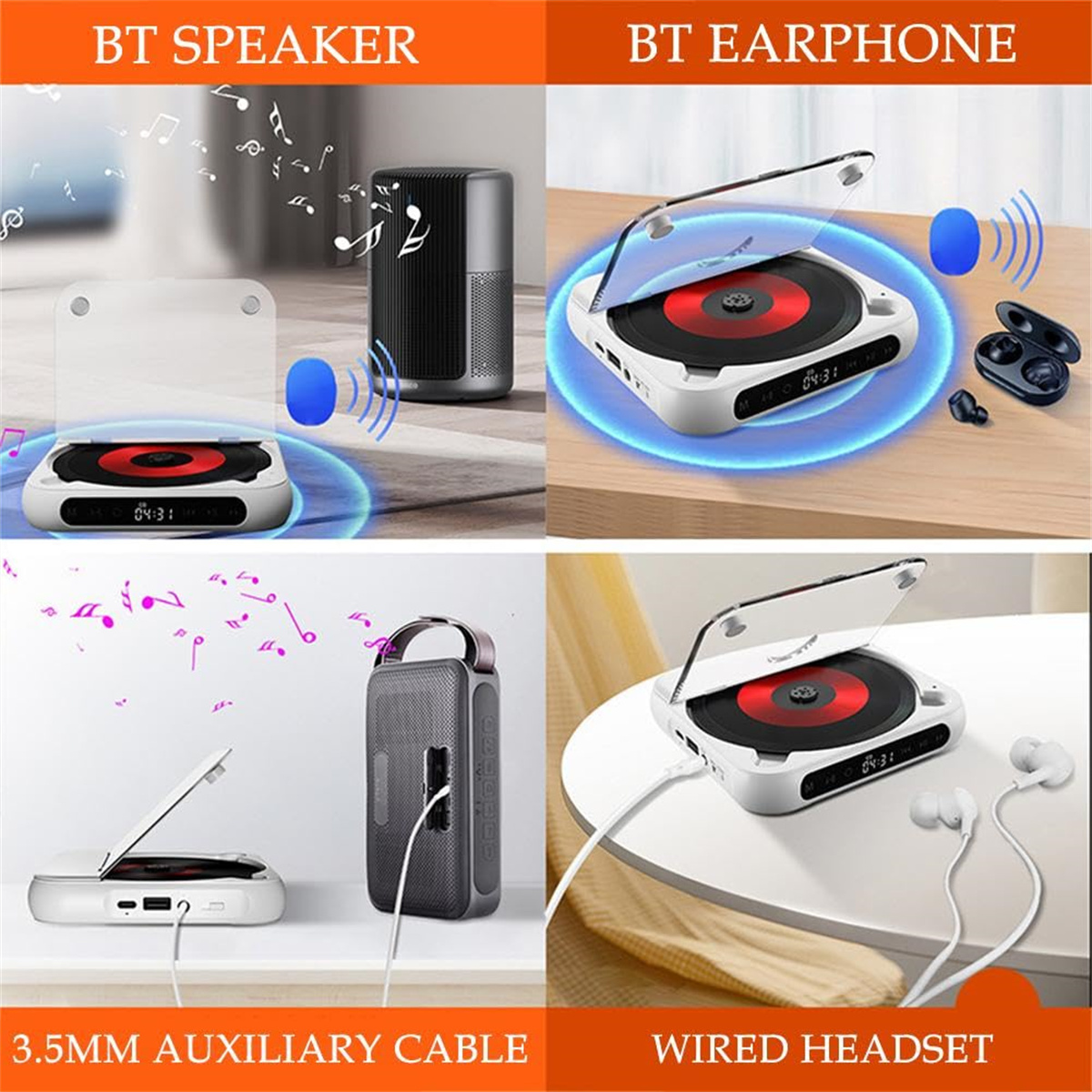 Mehrere CD-Player und Lautsprecher. Die Bilder zeigen verschiedene Anwendungen, wie BT-Lautsprecher, BT-Kopfhörer.