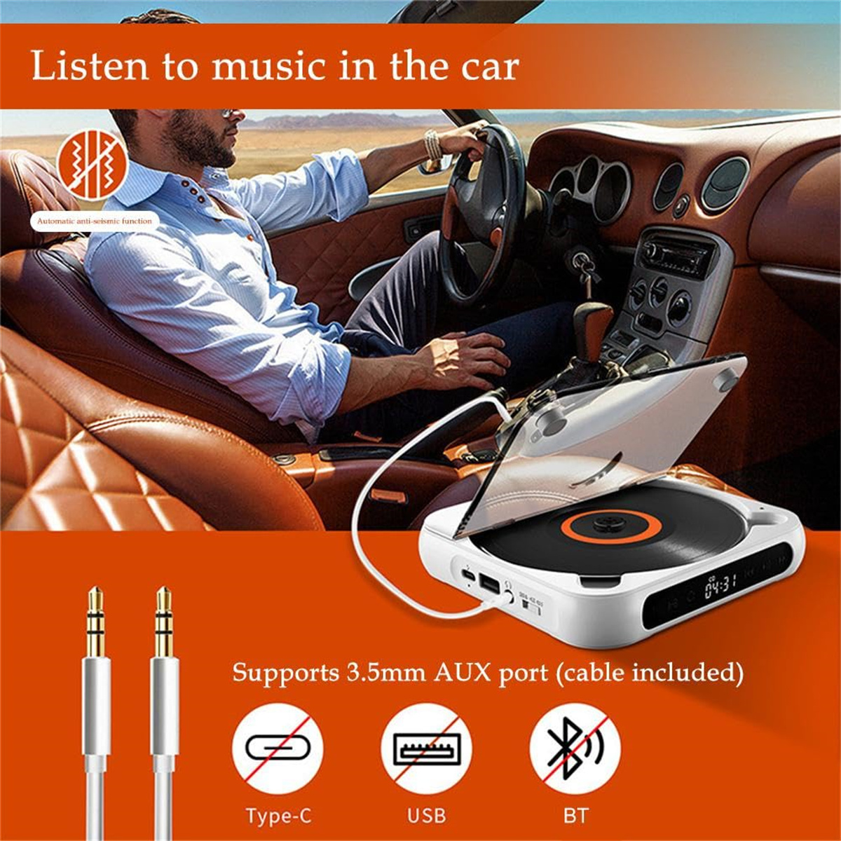 Mann im Auto, der Musik hört, mit einem CD-Player, der an den AUX-Anschluss angeschlossen ist.
