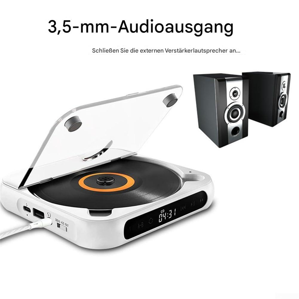 CD-Player mit Lautsprechern und Messungen, weißer Hintergrund.