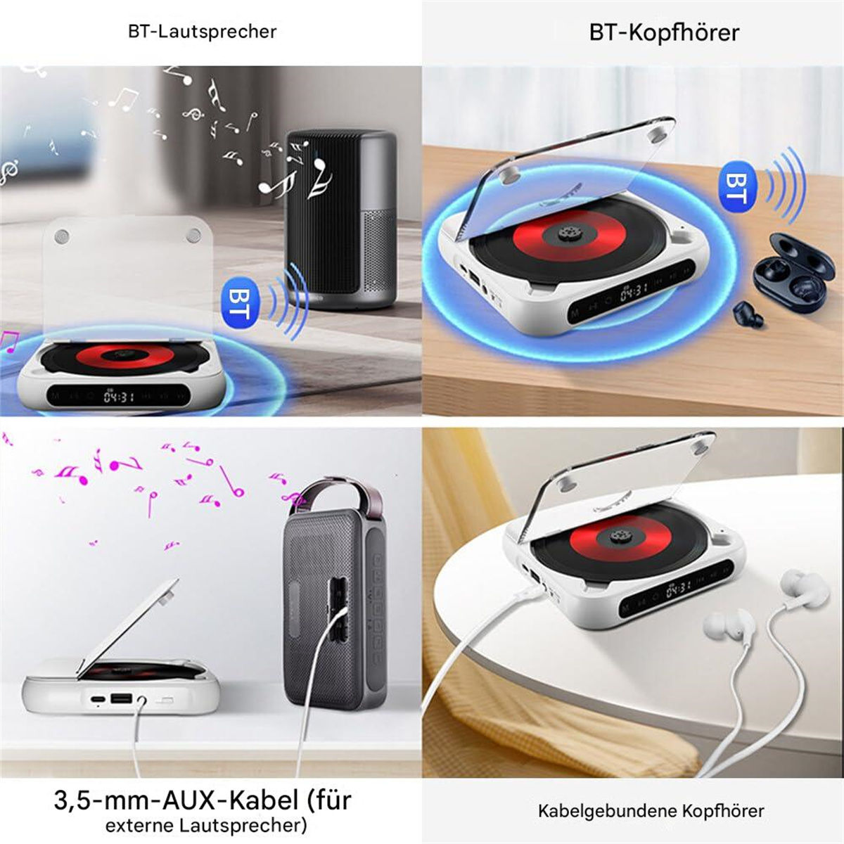 Bilder, die einen CD-Player zeigen, der über Bluetooth und AUX-Kabel mit Lautsprechern und Kopfhörern verbunden ist.