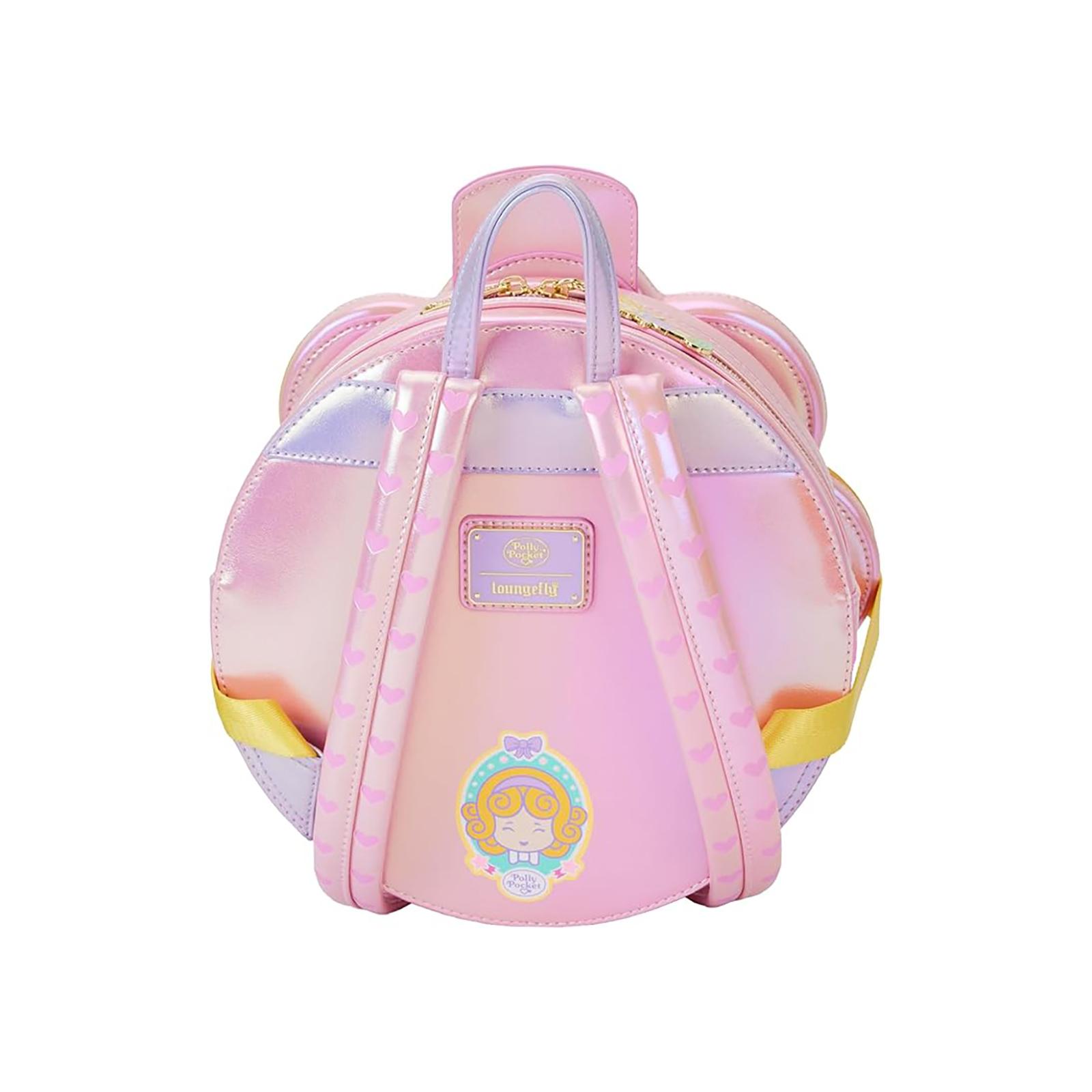 Rosa Polly Pocket Rucksack mit Herzen, Sternen und einer Blumenform.