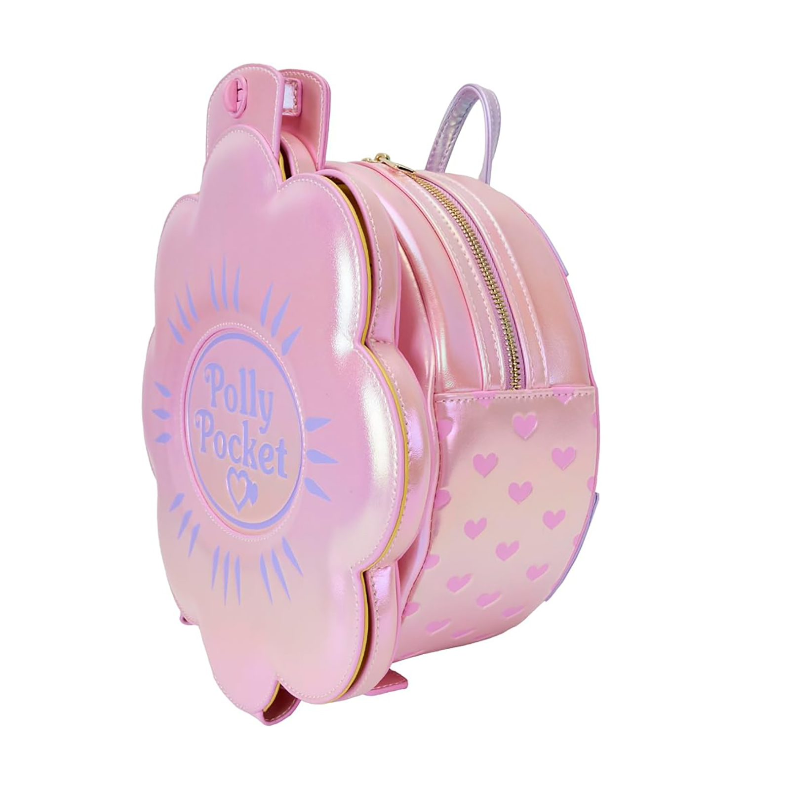 Rosa Polly Pocket Rucksack mit Blumenform und Herzmuster.