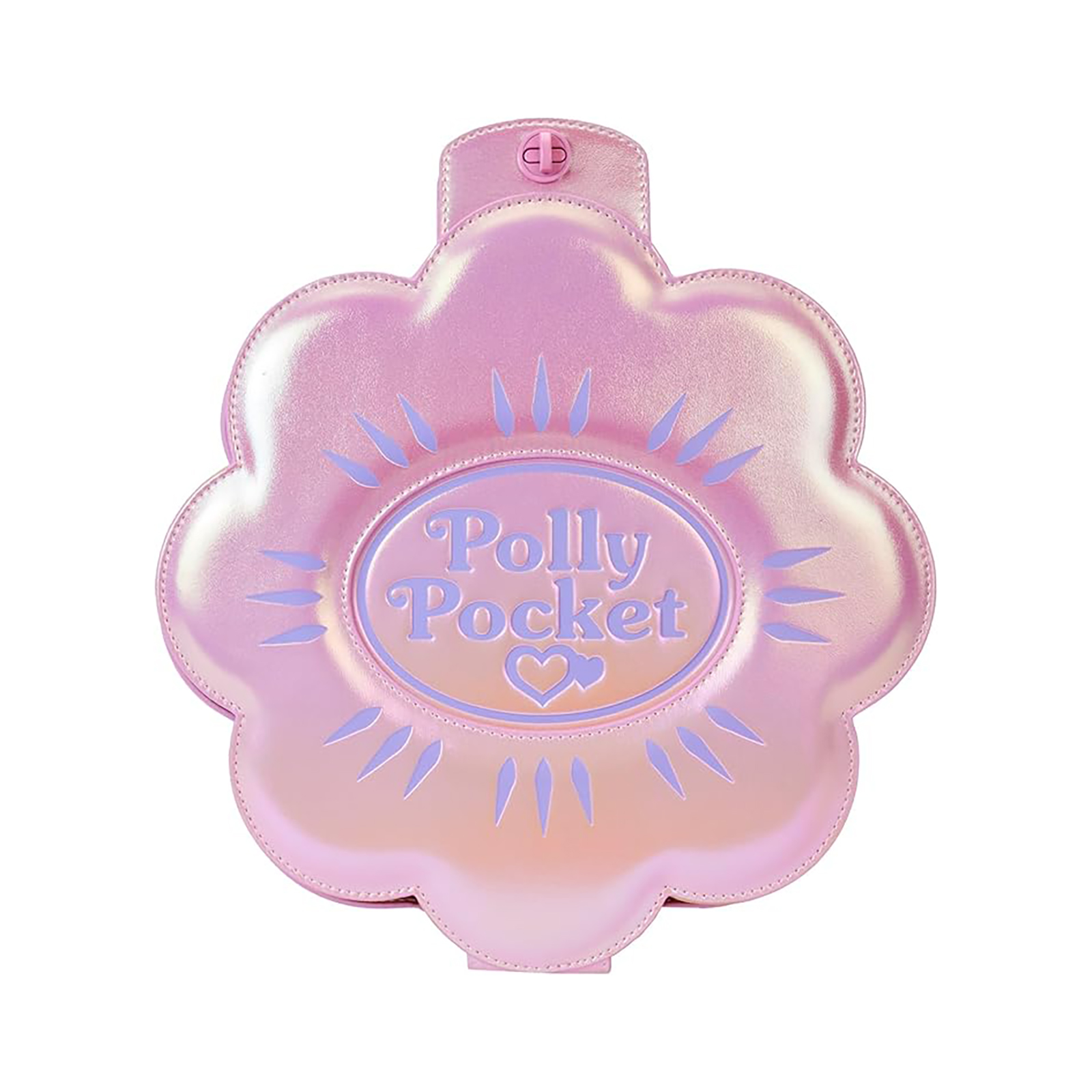 Ein rosa Polly Pocket-Etui in Form einer Blume mit glänzender Oberfläche.
