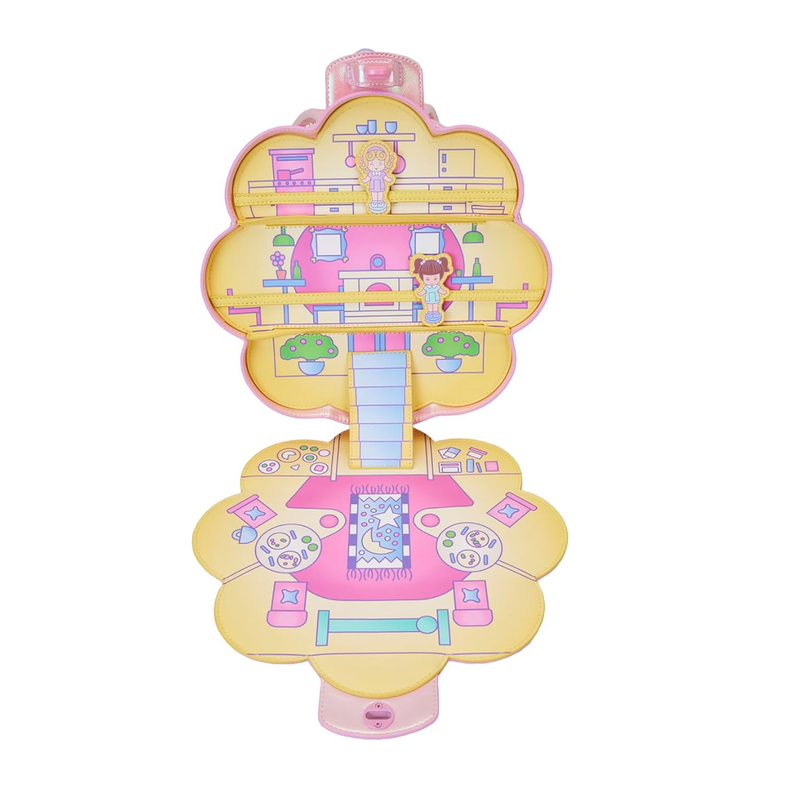 Polly Pocket Spielset in Form einer Blume. Innenräume sind rosa und gelb.