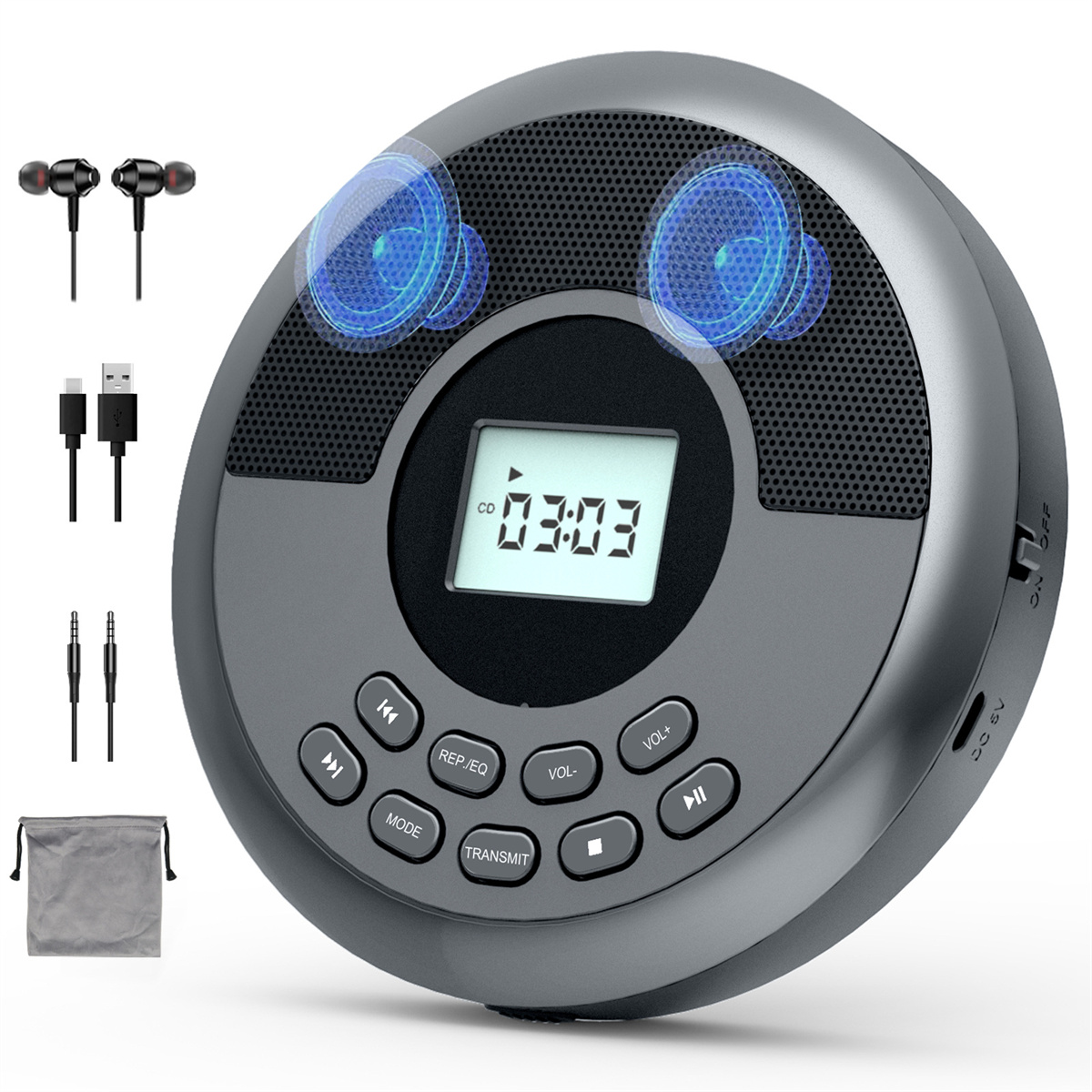 Ein grauer tragbarer CD-Player mit Kopfhörern und Ladekabeln. Das Display zeigt die Uhrzeit an.