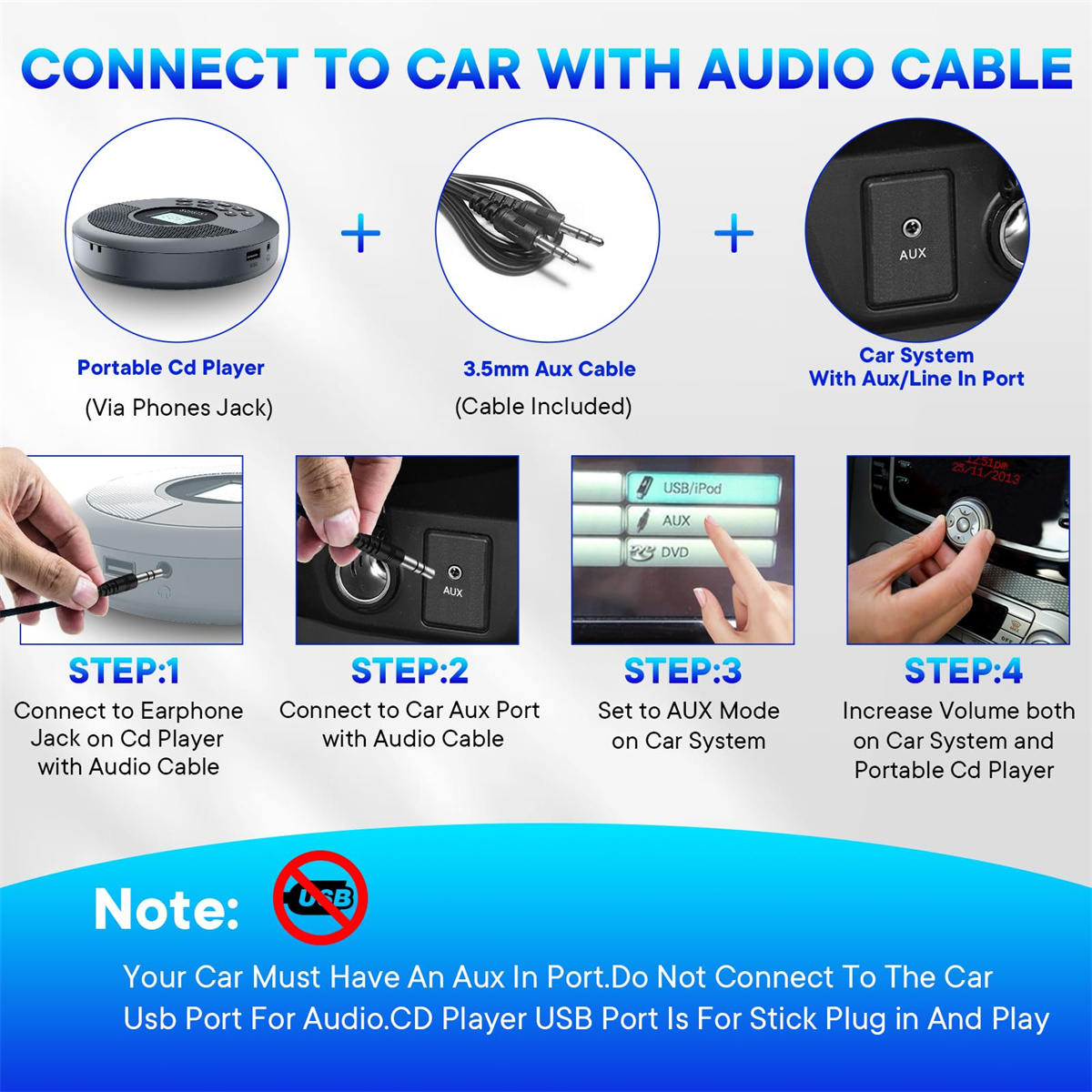 Ein Diagramm, das zeigt, wie man einen CD-Player an ein Auto-Audiosystem anschließt.