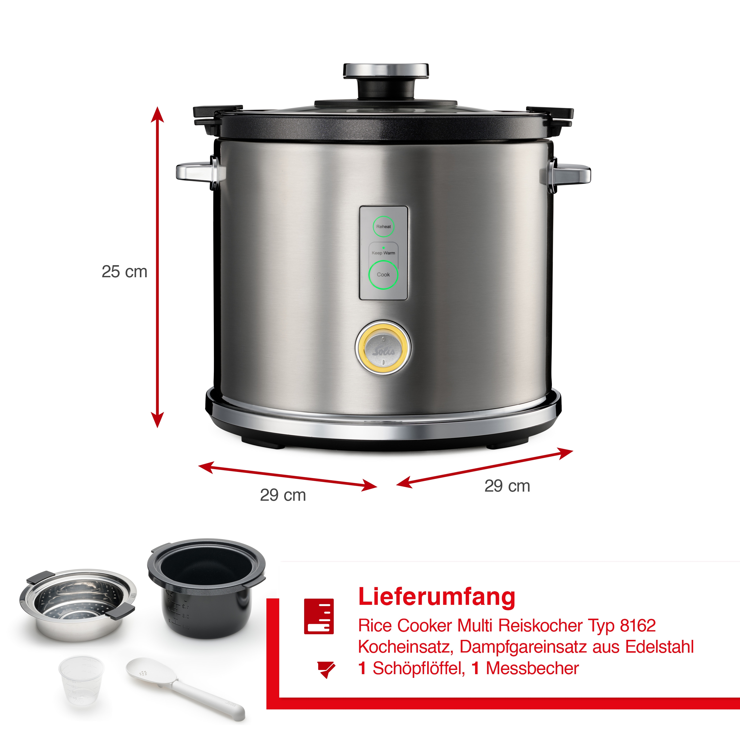 Abmessungen eines Reiskochers aus Edelstahl. Es zeigt die Höhe als 25 cm und die Breite als 29 cm.
