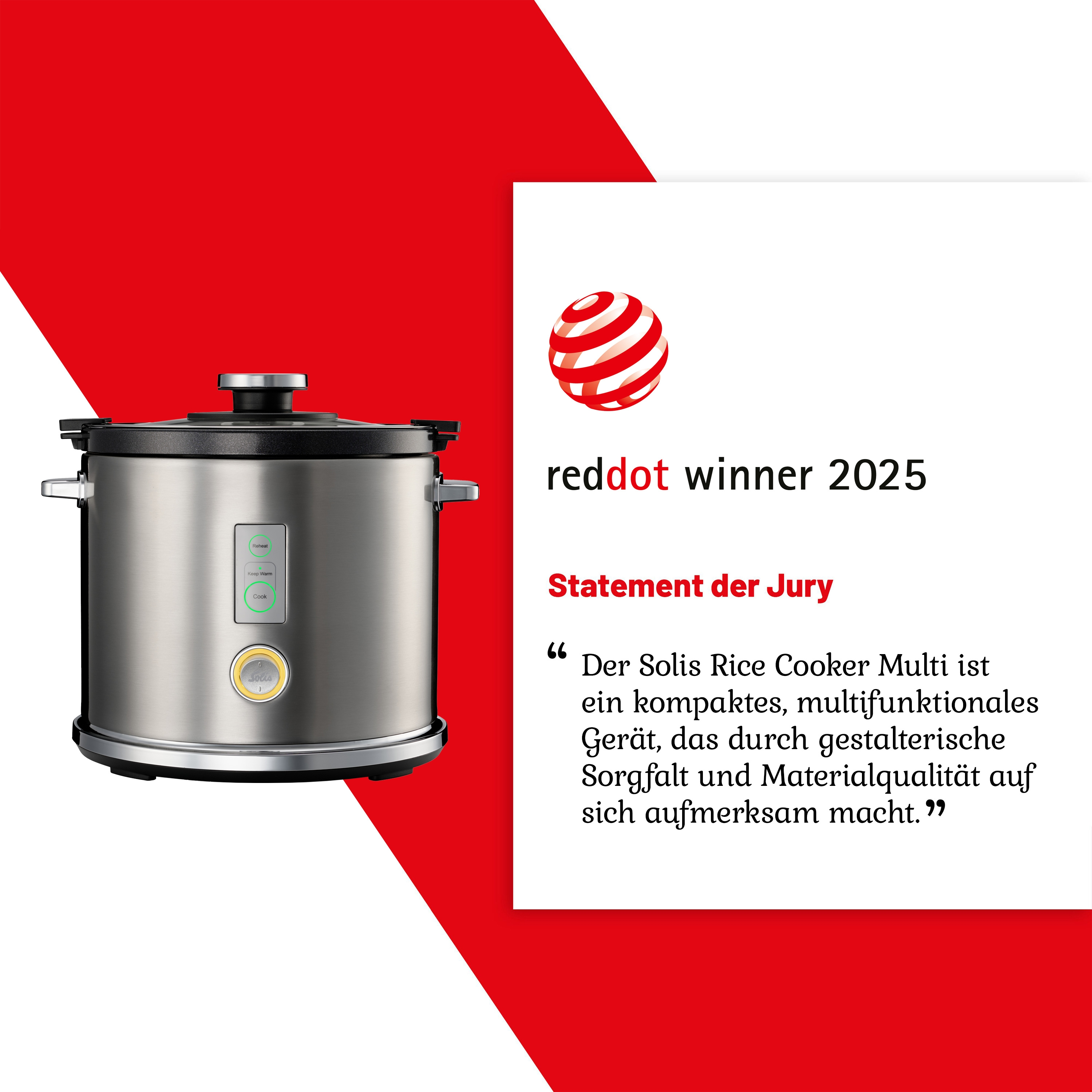 Ein silberner Slow Cooker mit schwarzem Deckel neben einem roten Banner mit der Aufschrift 'reddot winner 2025'.