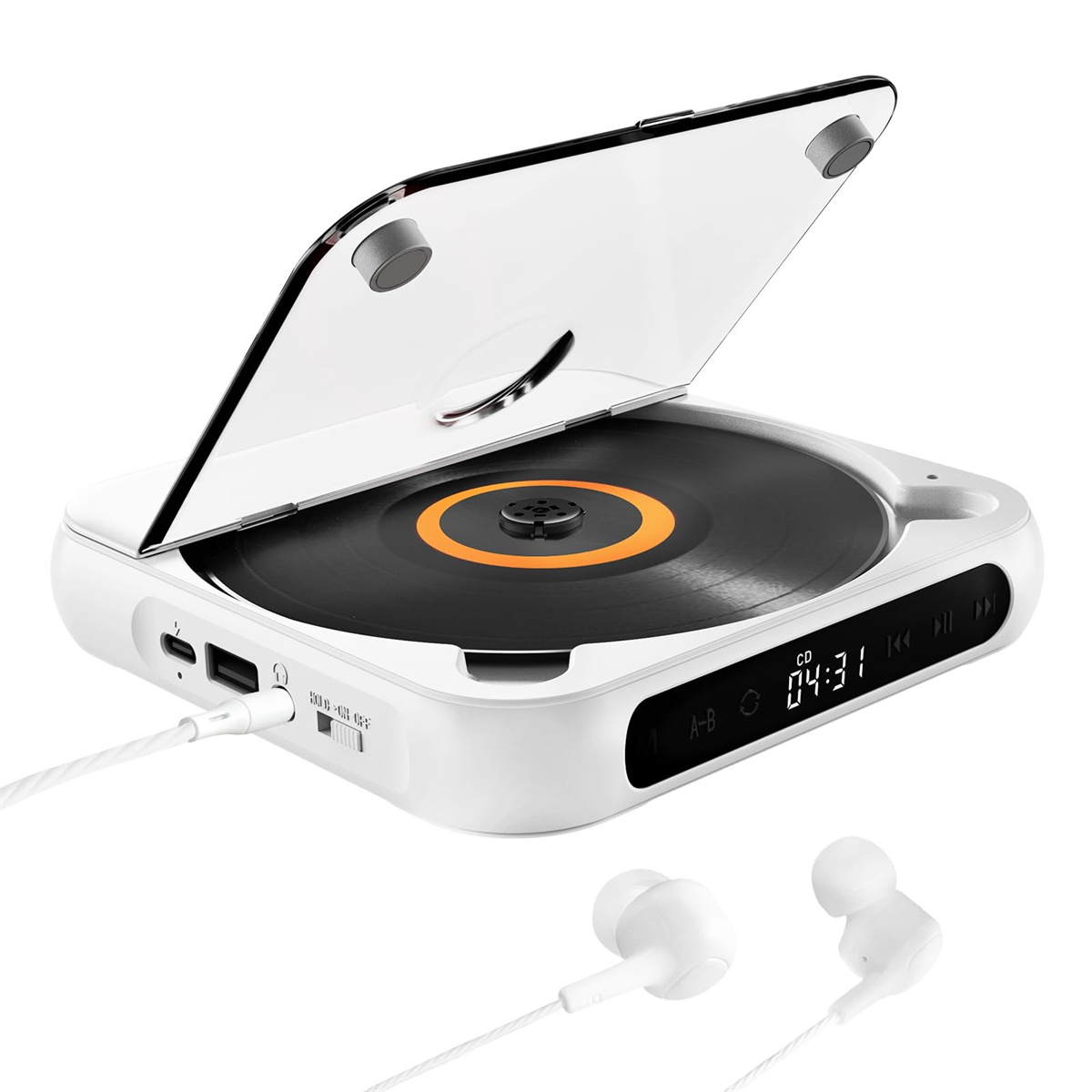 Ein weißer CD-Player mit offenem Deckel, Kopfhörern und Kabel auf einer weißen Oberfläche.