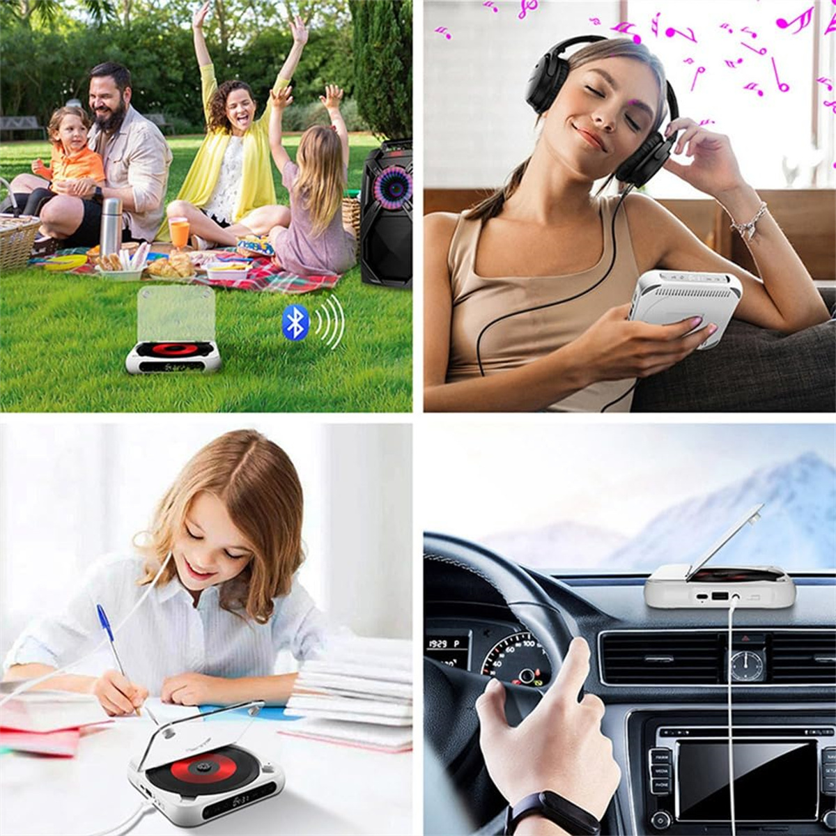 Mehrere Szenen, die die Verwendung eines tragbaren CD-Players zeigen: Picknick, Heimgebrauch, Lernen und im Auto.
