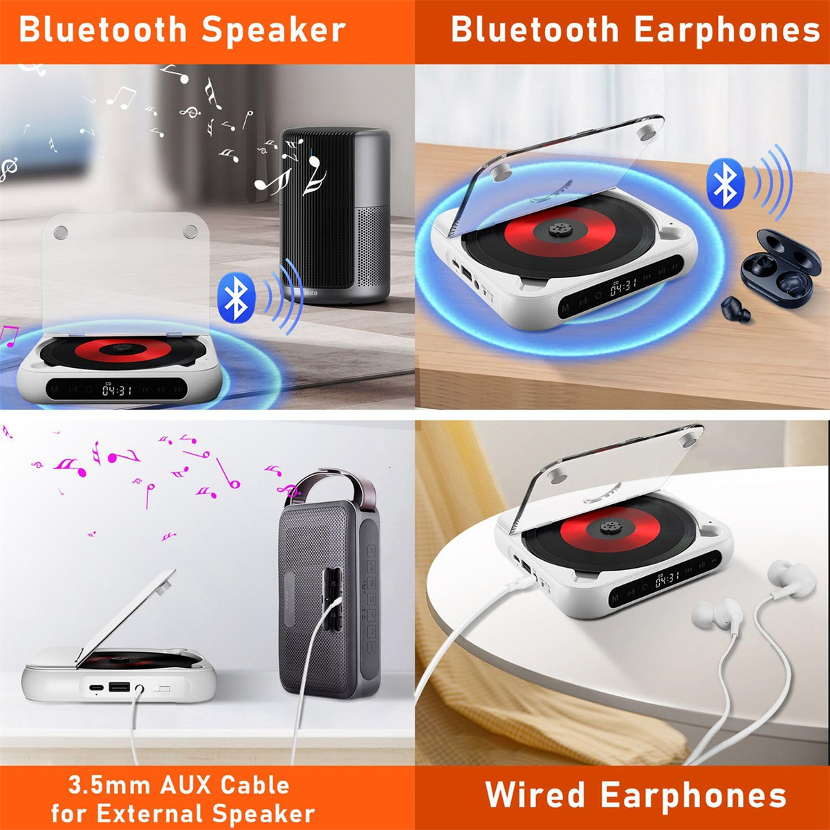 Eine Collage von Bluetooth-Lautsprechern und -Kopfhörern mit Textbeschriftungen und Notensymbolen.