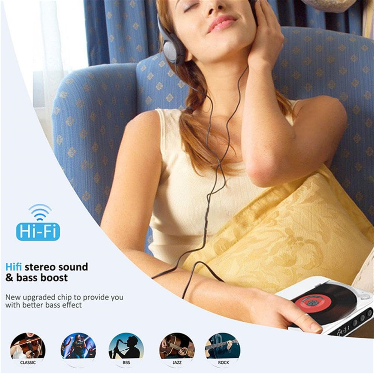 Frau mit Kopfhörern, hört Musik. Ein Musikplayer liegt auf ihrem Schoß. Text: Hi-Fi, Stereo-Sound & Bass-Boost.