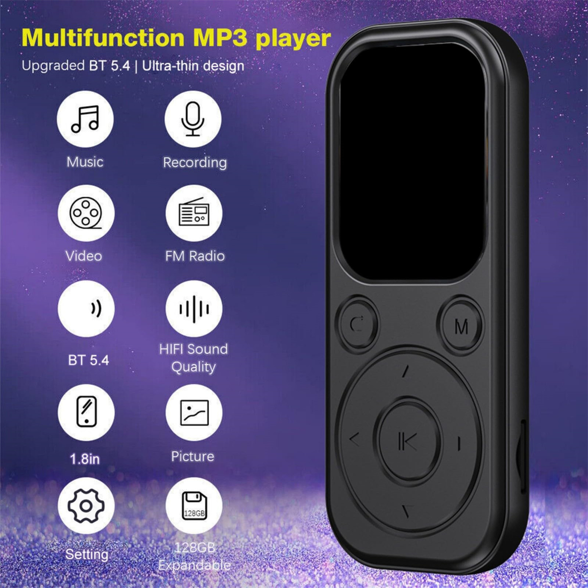 Schwarzer MP3-Player mit Tasten und einem Bildschirm. Symbole für Musik, Video, UKW-Radio, Bluetooth und andere Funktionen werden angezeigt.