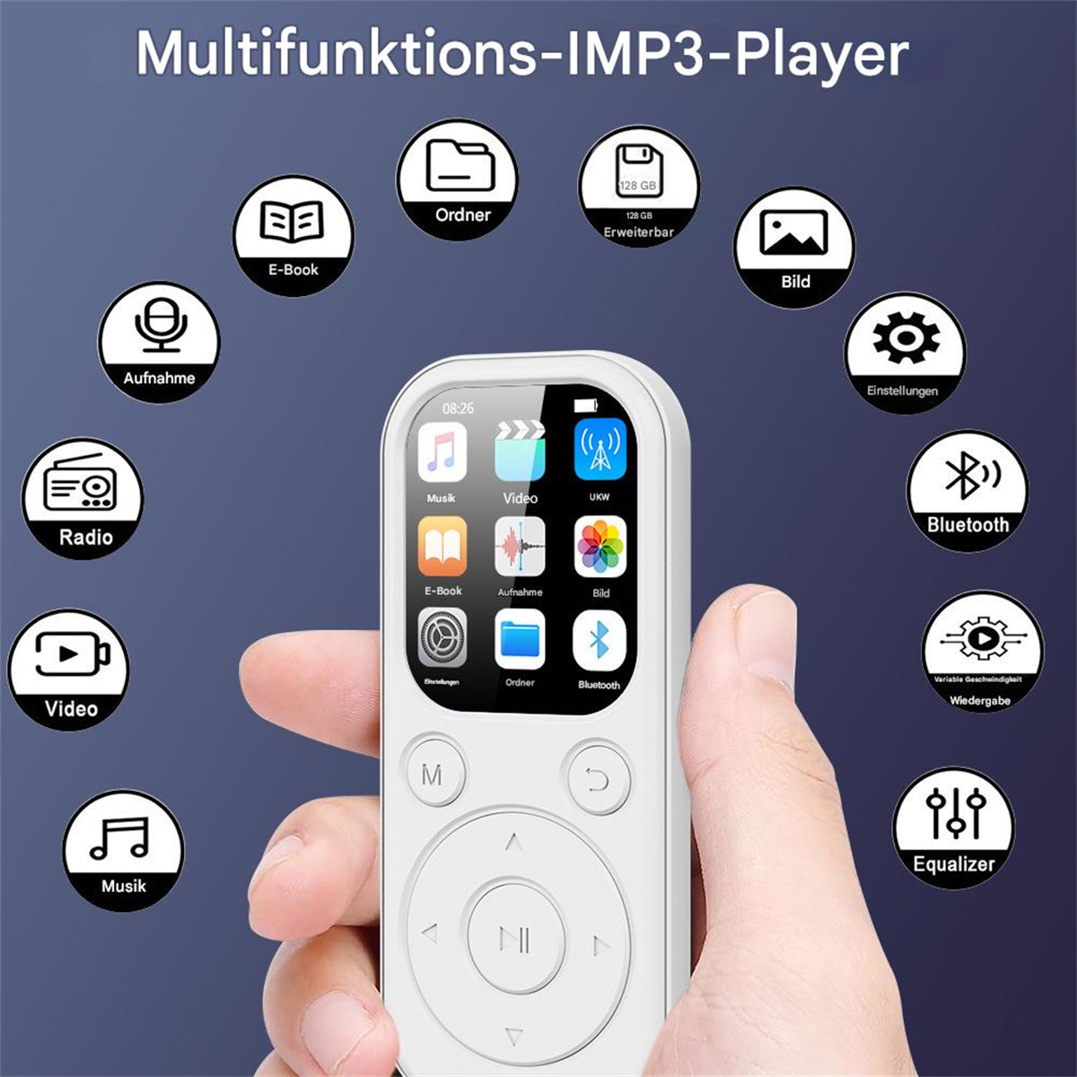Eine Person hält eine weiße MP3-Player-Fernbedienung, umgeben von Symbolen, die Funktionen wie Video, Musik und Einstellungen zeigen.