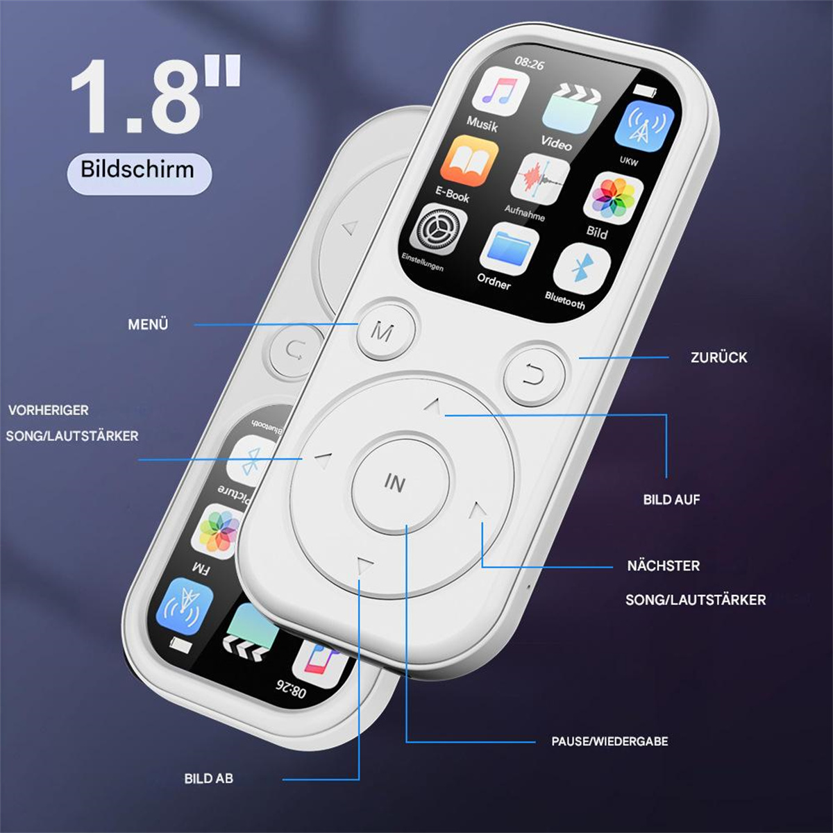 Eine weiße MP3-Player-Fernbedienung mit kleinem Bildschirm. Sie hat Tasten mit Symbolen wie Musik, Video und Bluetooth.