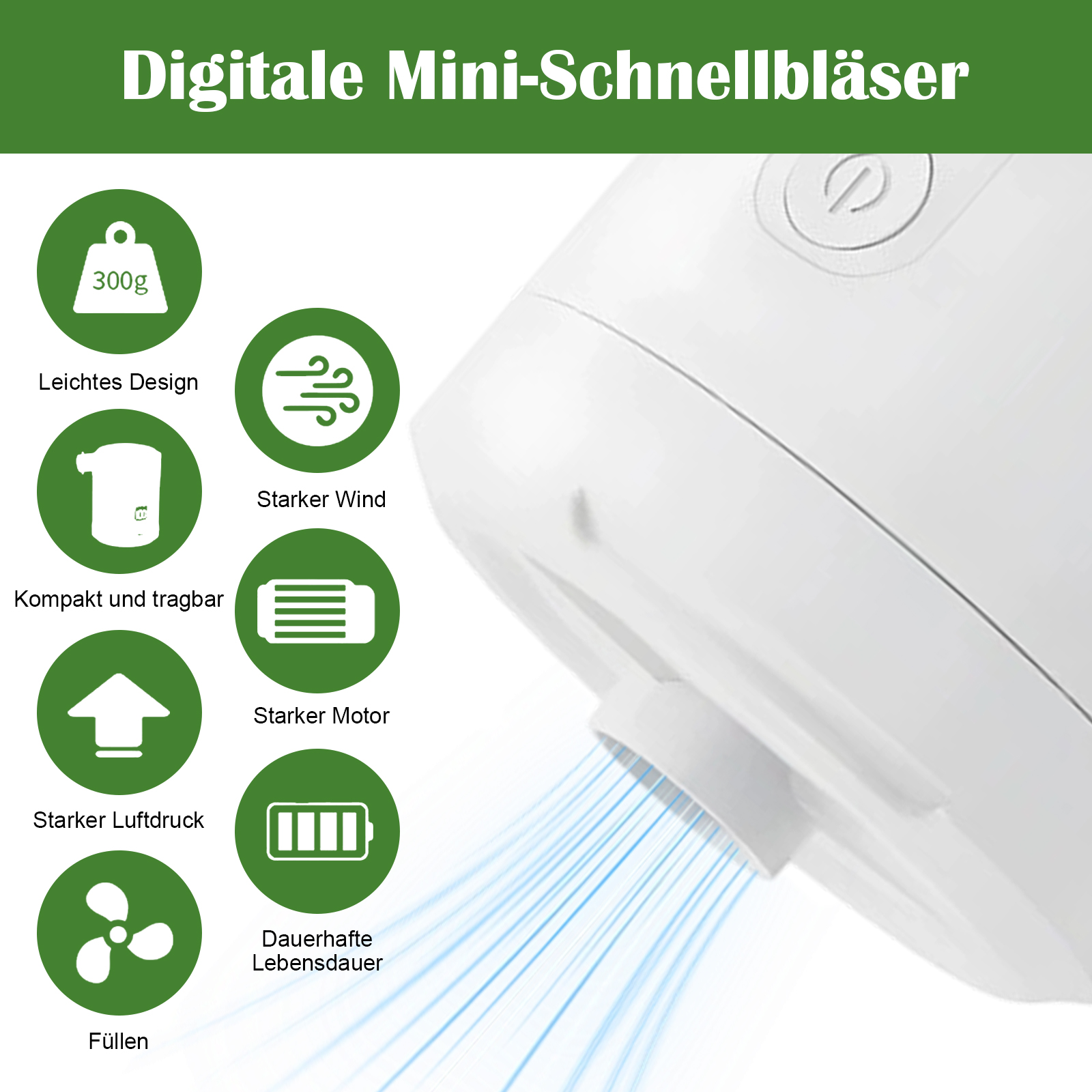 Eine weiße Luftpumpe mit Symbolen, die Funktionen zeigen: leichtes Design, starker Wind, Motor und lange Akkulaufzeit.
