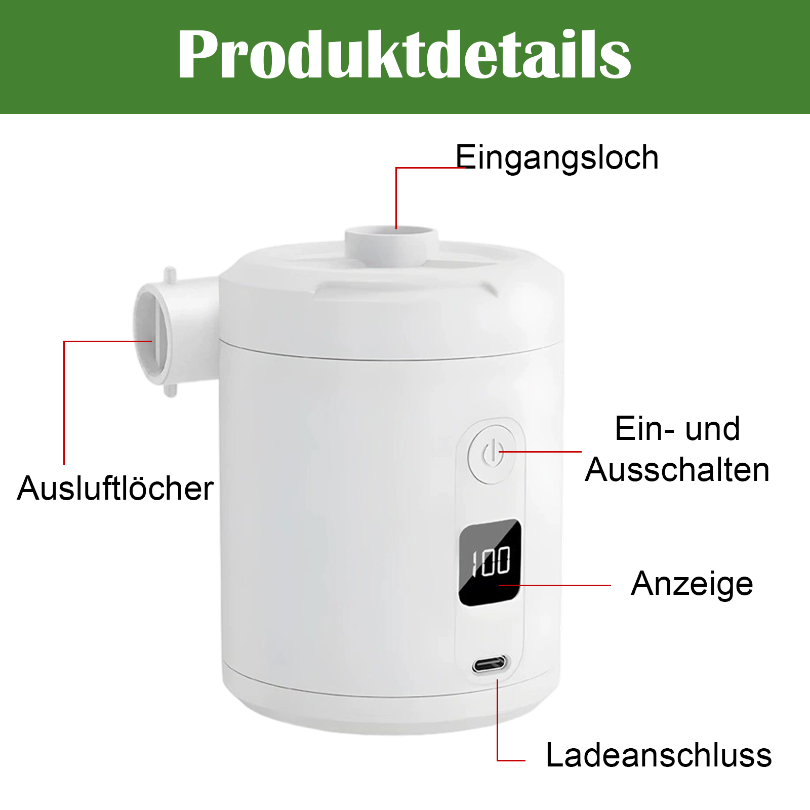 Weiße elektrische Luftpumpe mit beschrifteten Teilen: Luftauslass, Ein-/Ausschalter, Anzeige, Ladeanschluss und Lufteinlass.