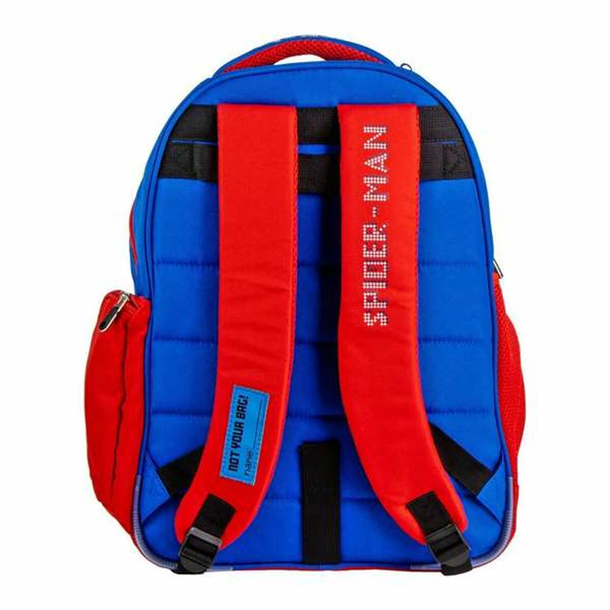 Ein blauer Rucksack mit roten Trägern. Er hat ein Spider-Man-Logo und den Text 'SPIDER-MAN' auf den Trägern.
