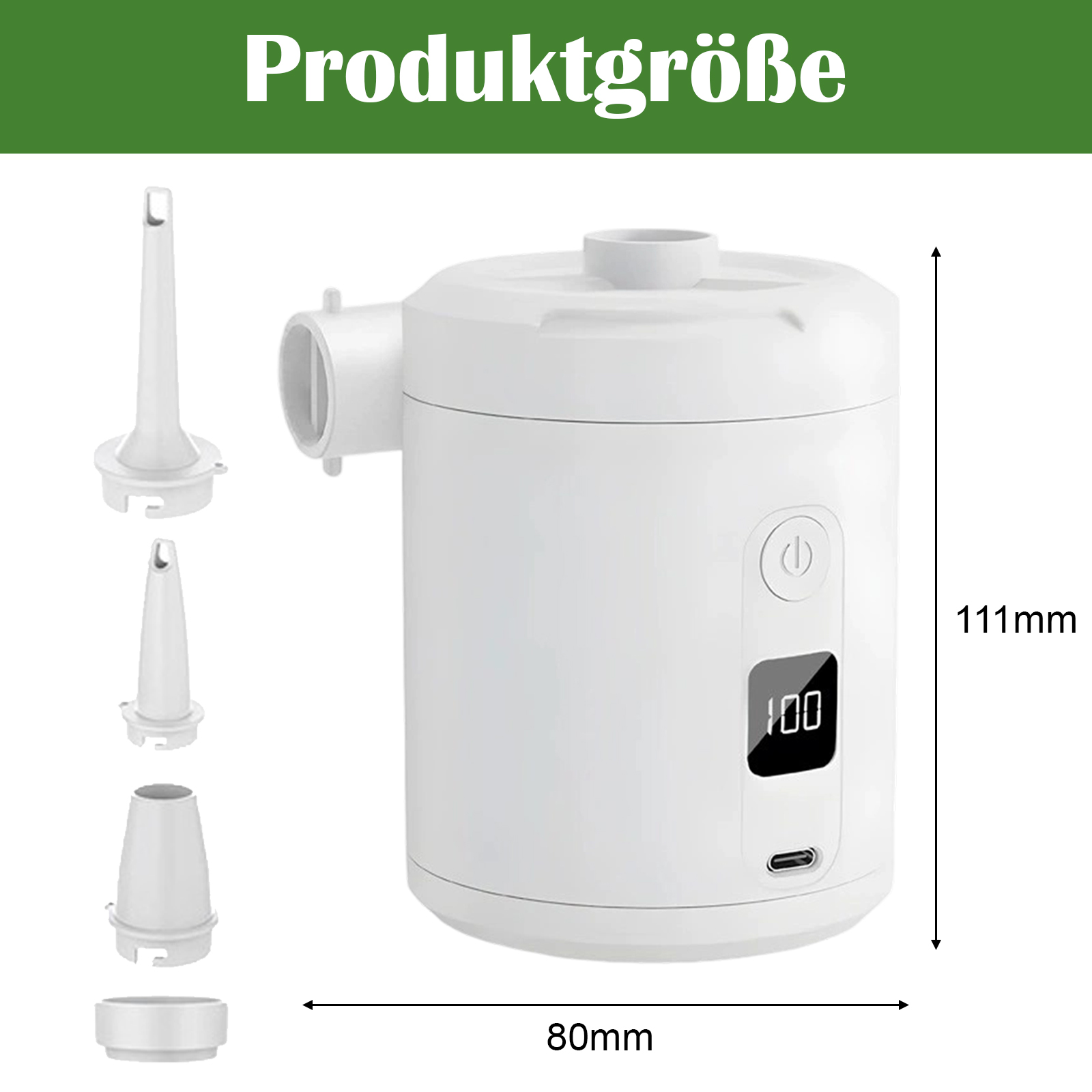 Eine weiße elektrische Luftpumpe mit Maßen. Die Pumpe ist 80 mm breit und 111 mm hoch, mit Digitalanzeige.