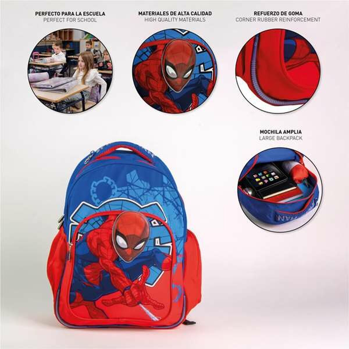 Ein blauer Spider-Man-Rucksack mit verschiedenen Bildern, die die Eigenschaften des Rucksacks zeigen, wie z. B. ein großes Fach.