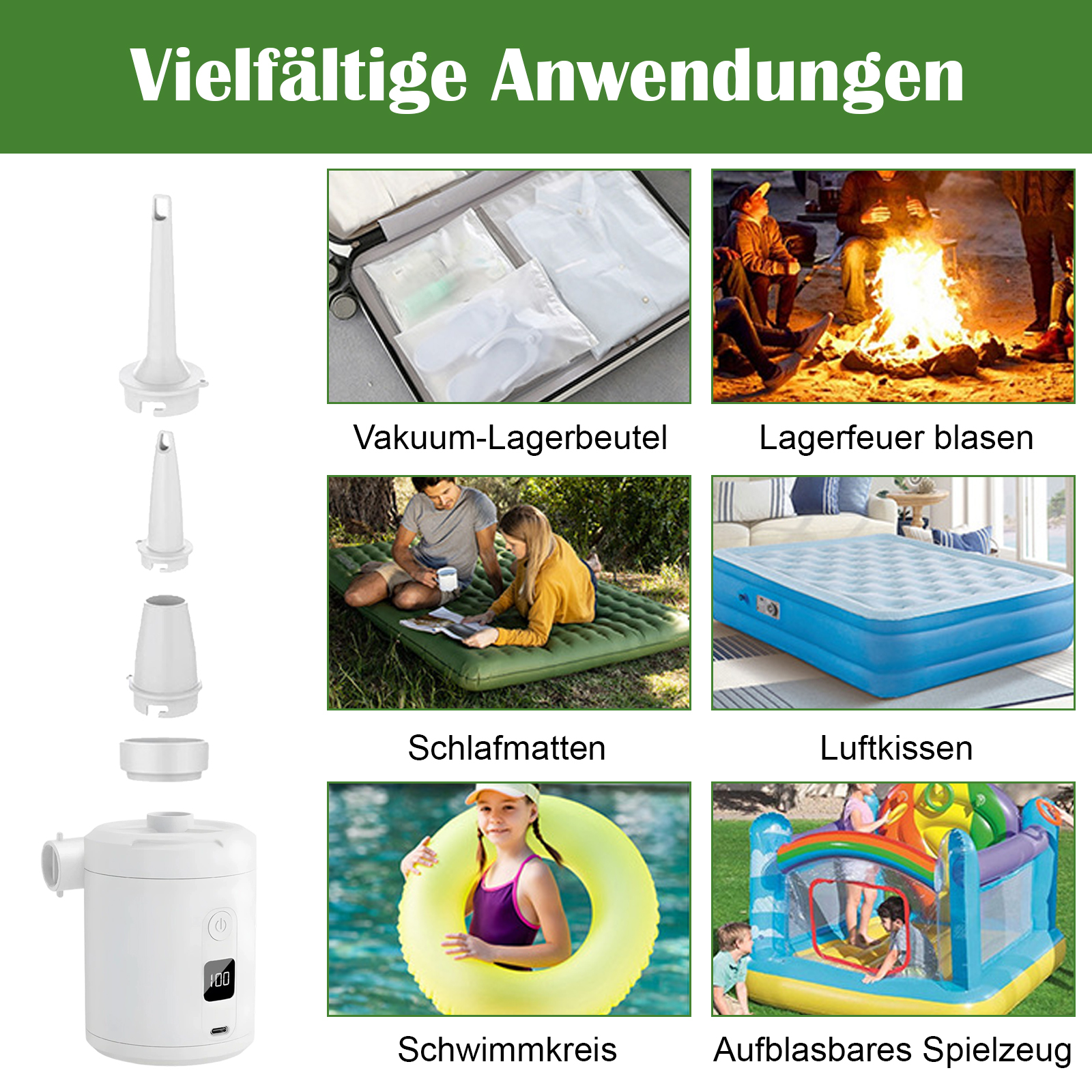 Das Bild zeigt mehrere Anwendungen einer weißen Luftpumpe. Beispiele: Vakuumaufbewahrung, Feuer blasen, Schlafmatten, Luftkissen.