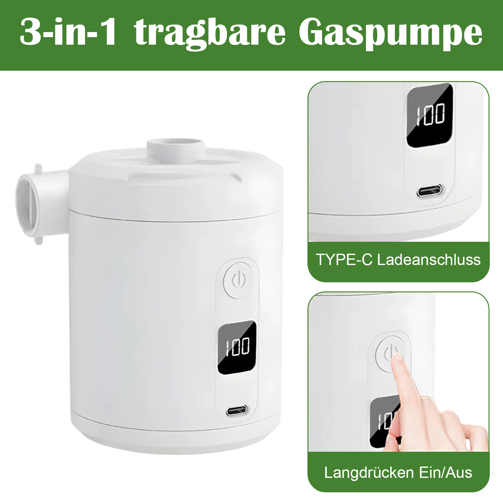 Eine weiße 3-in-1 tragbare Gaspumpe, mit Nahaufnahmen des Ein-Aus-Schalters und eines USB-C-Ladeanschlusses.
