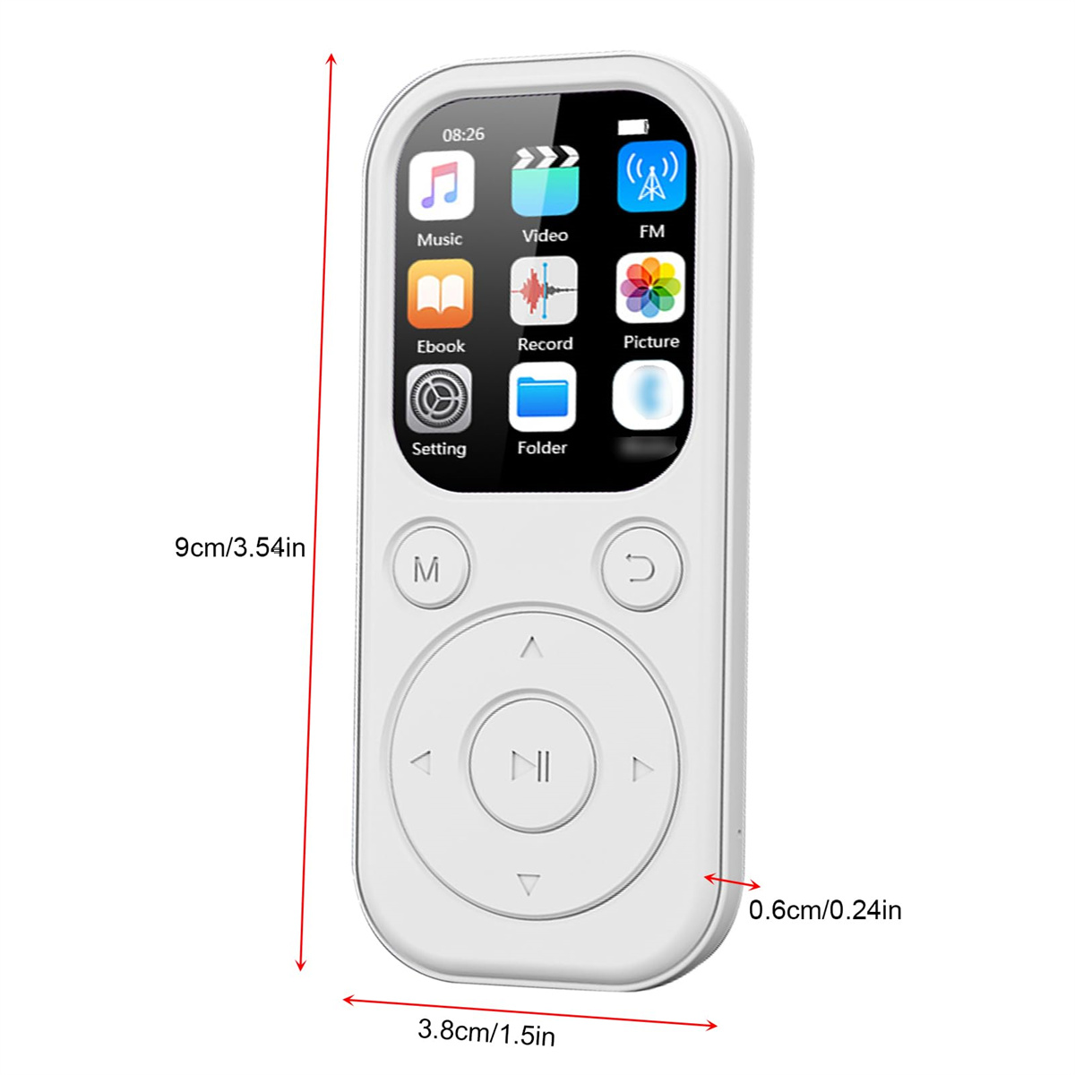 Ein kleiner weißer MP3-Player mit Bildschirm und Steuertasten. Abmessungen: 9cm/3.54in x 3.8cm/1.5in x 0.6cm/0.24in.