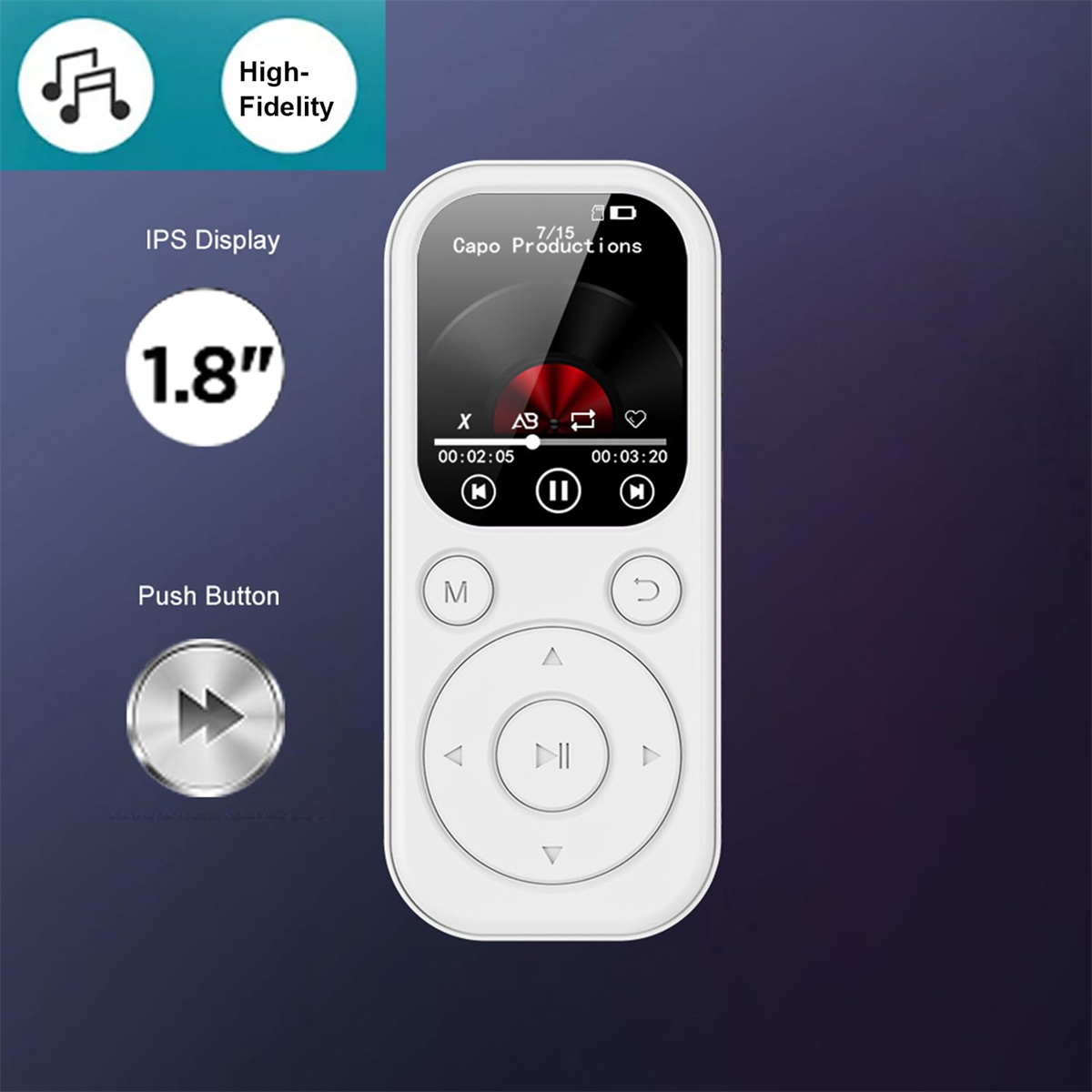 Ein weißer MP3-Player mit Bildschirm, der Musikinformationen anzeigt. Merkmale: 1,8" IPS-Display, Druckknopf.