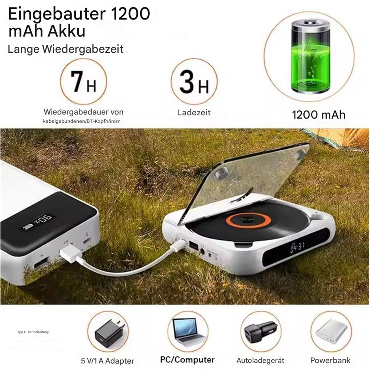 Tragbarer CD-Player mit Akku, 7H Spielzeit und 3H Ladezeit, mit Akku-Symbol. Verschiedene Symbole darunter.