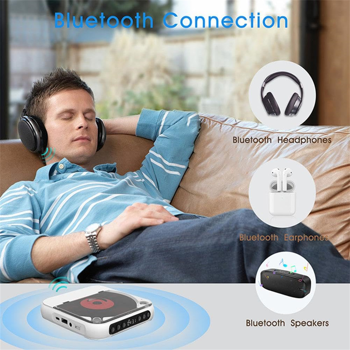 Ein Mann hört Musik über Kopfhörer, mit Bluetooth-Lautsprechern und -Ohrhörern.