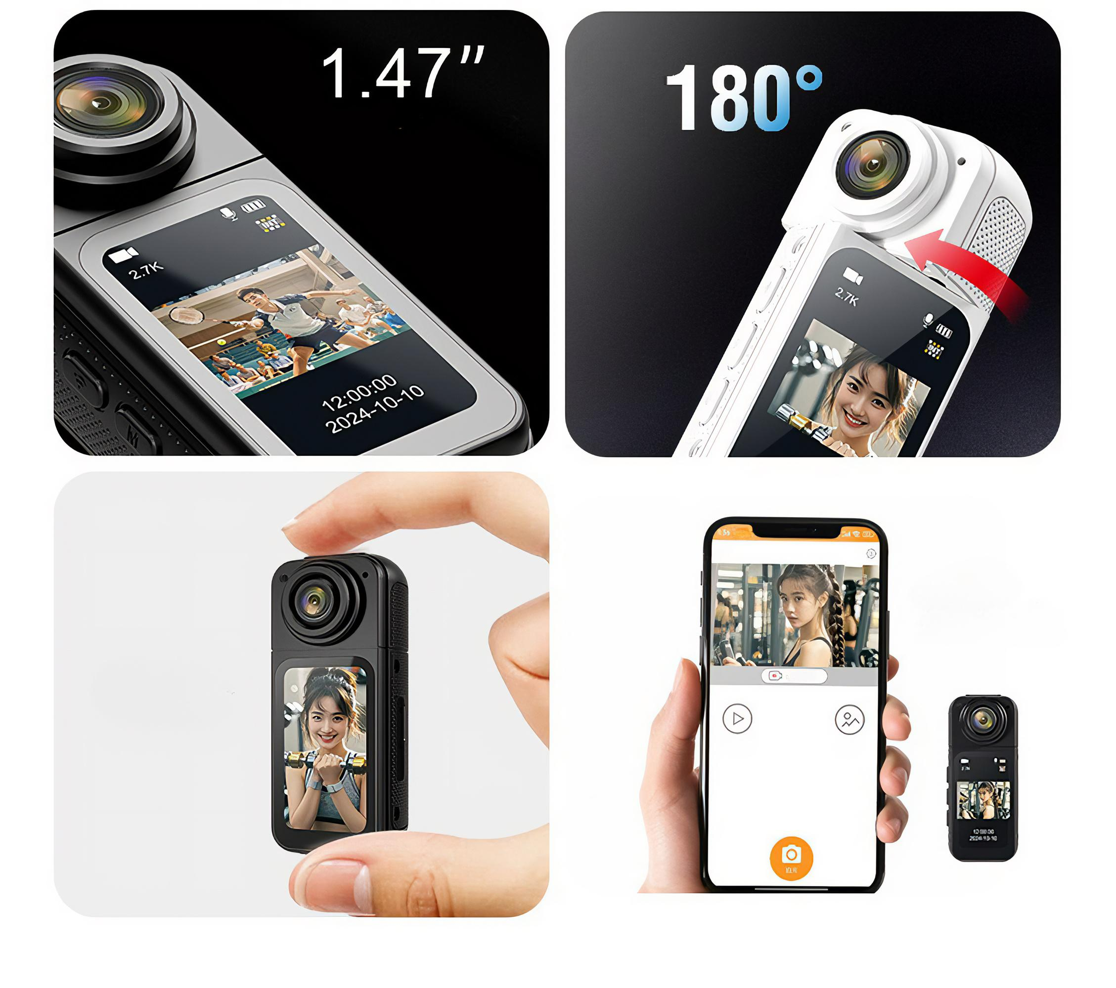 Bilder zeigen Kamerafunktionen und -anwendung. Enthält 1,47" Bildschirm, 180-Grad-Drehung und Smartphone-App-Integration.