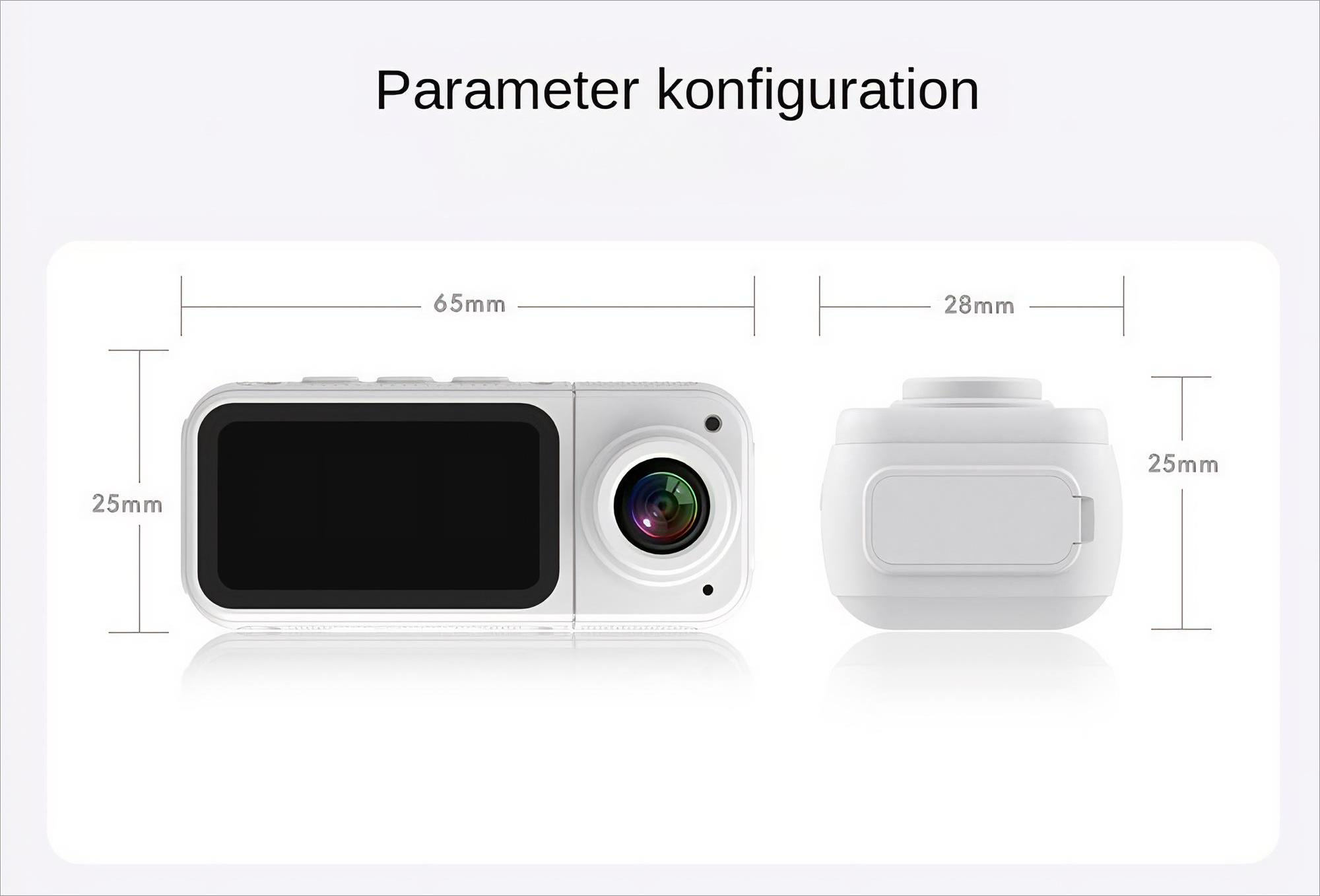 Weiße Kamera mit Abmessungen: 65mm breit, 25mm hoch und 28mm dick.