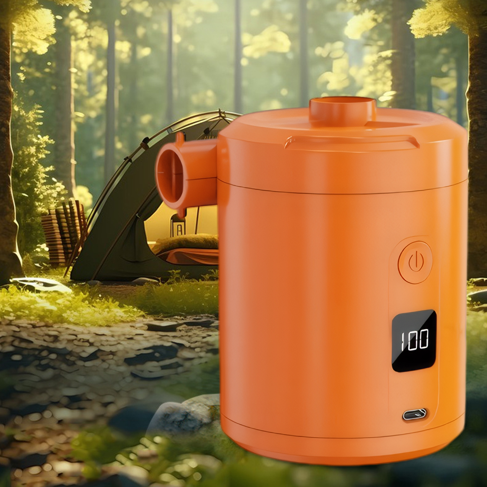 Eine orange Luftpumpe in einem Wald mit einem Zelt.