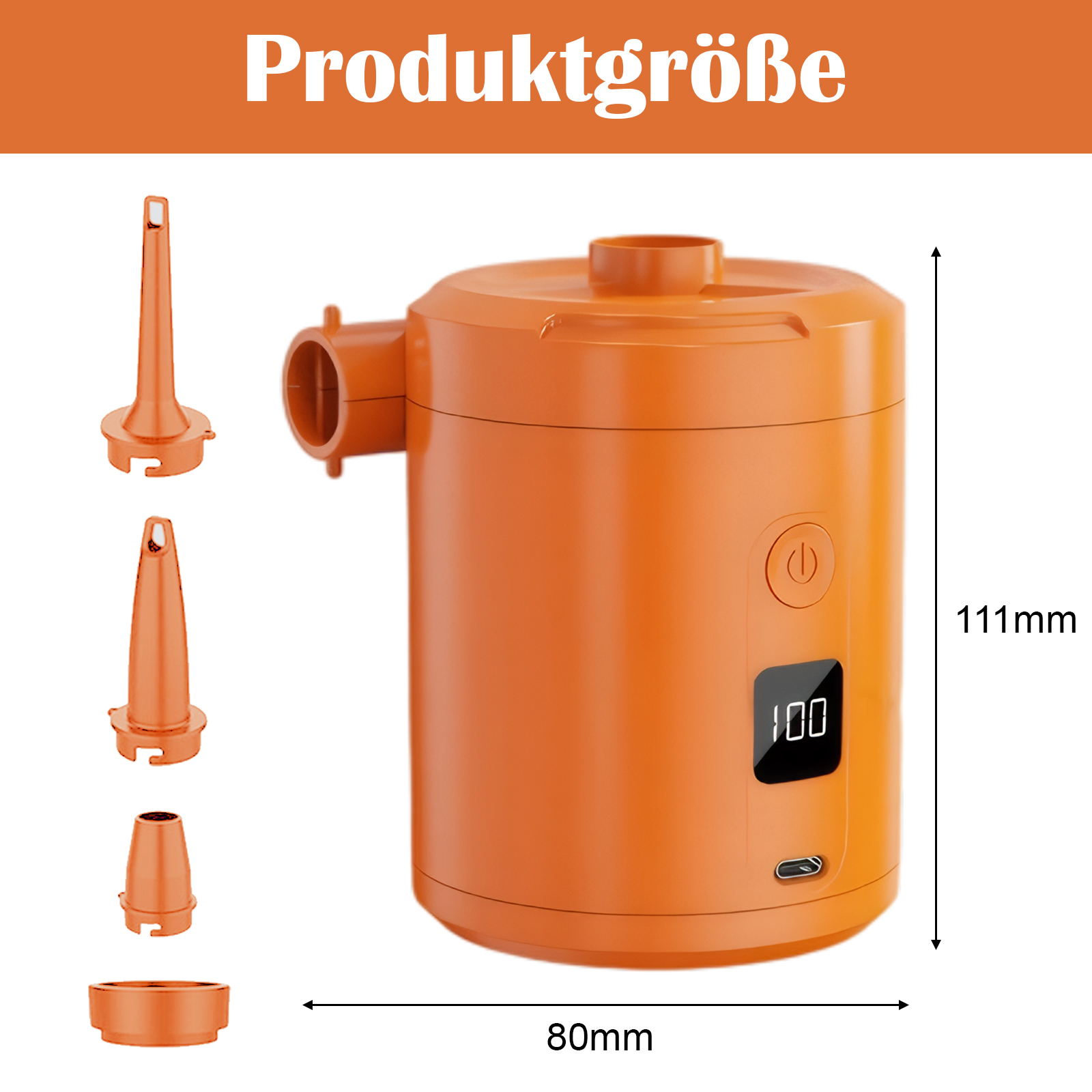 Orange Luftpumpe mit Abmessungen, auf Deutsch.