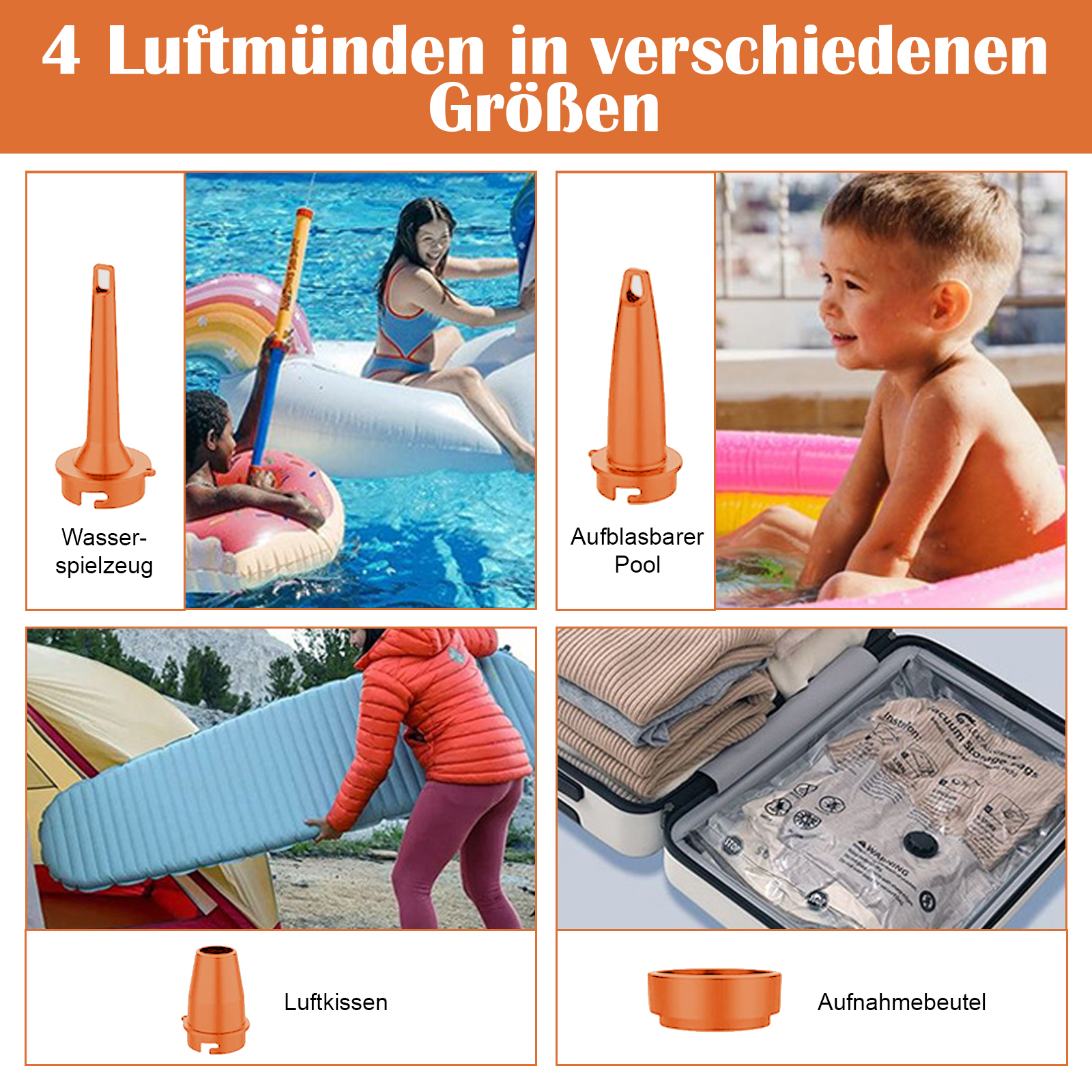 Collage mit aufblasbarem Spielzeug und Campingausrüstung. Enthält eine orangefarbene Luftpumpe und ein Kind im Pool.