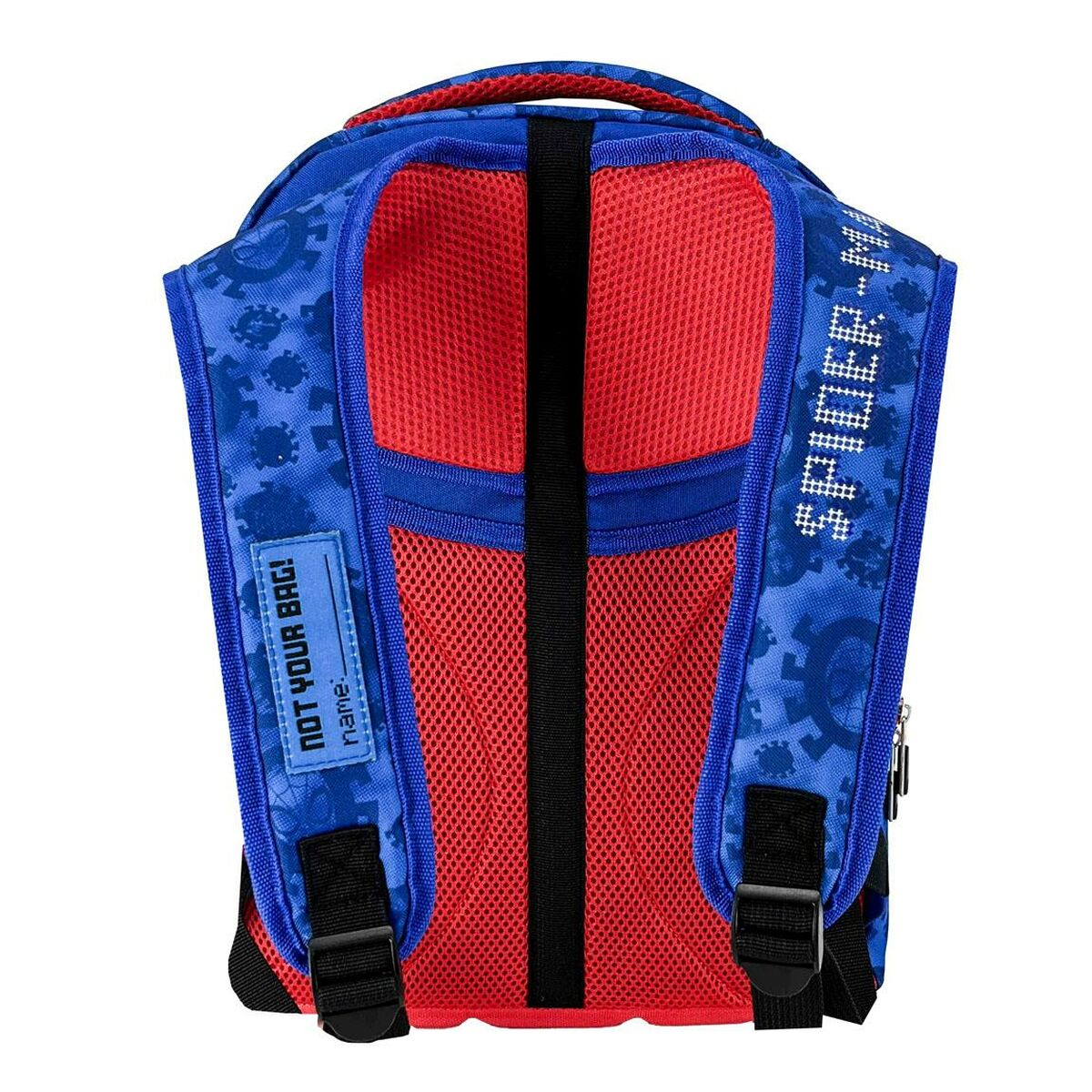 Blauer und roter Spiderman-Rucksack mit dem Schriftzug 'NOT YOUR BAG!'. Rotes Netz auf der Rückseite.