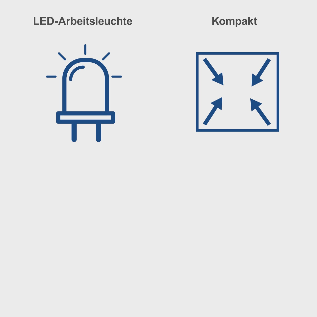 Zwei Symbole: LED-Arbeitsleuchte und Kompakt mit Richtungs-Pfeilen.