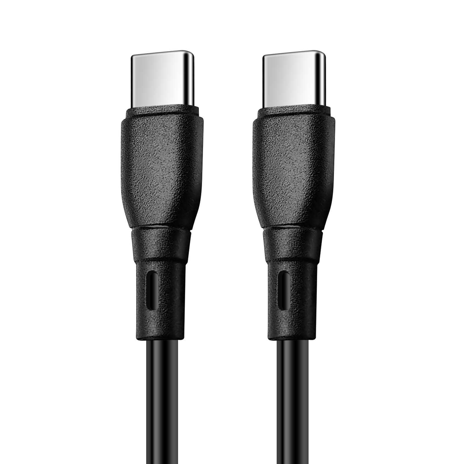 Due cavi USB-C neri con connettori, isolati su sfondo bianco. I cavi sono dritti.