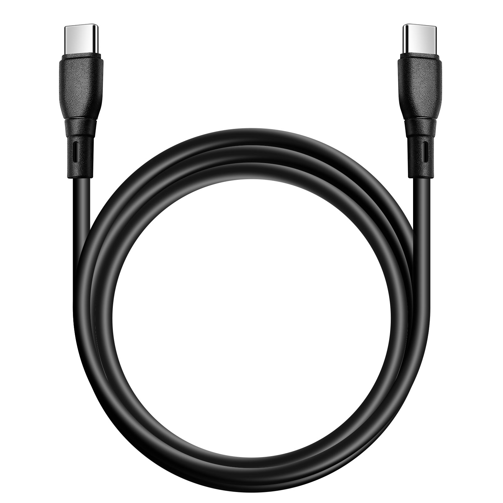 Un cavo USB-C nero ad anello. Il cavo è liscio e ha connettori ad ogni estremità.