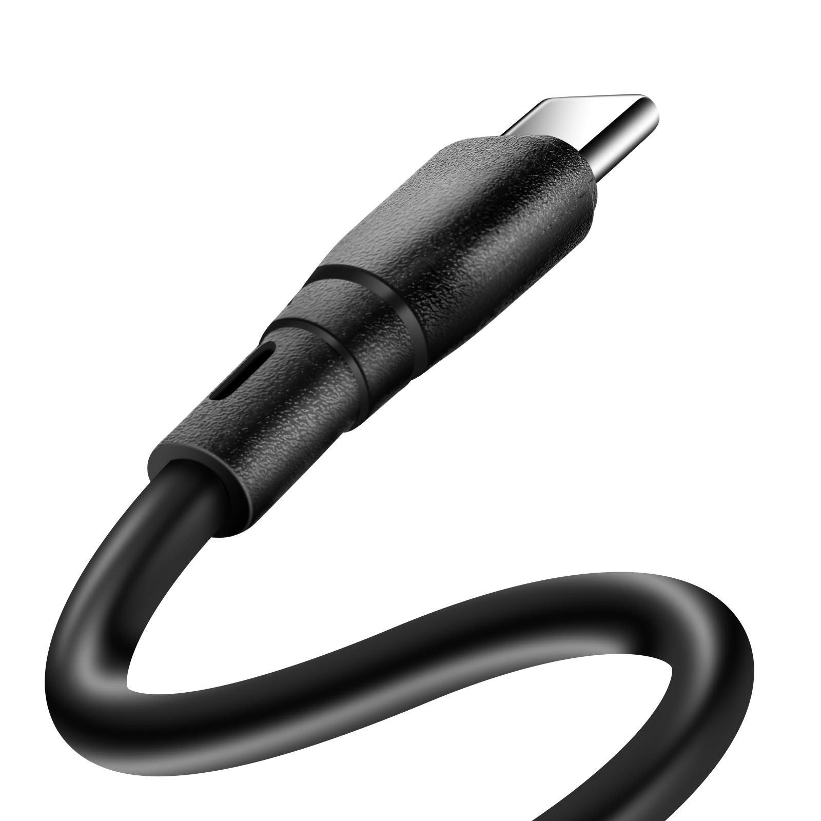 Primo piano di un connettore USB-C. Il connettore è nero, con un cavo curvo.