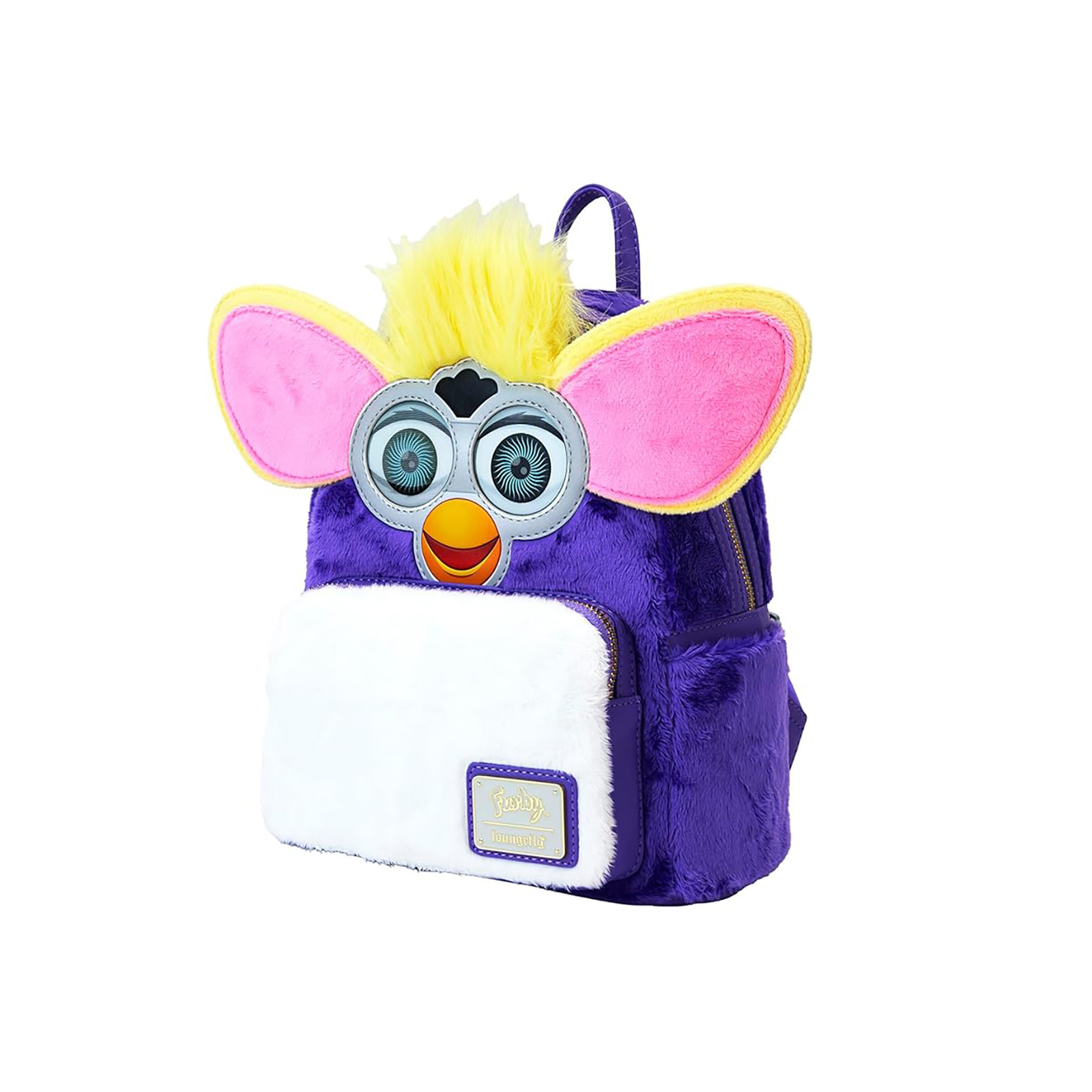 Mochila Furby morada con detalles amarillos, rosas y blancos y la cara de Furby.