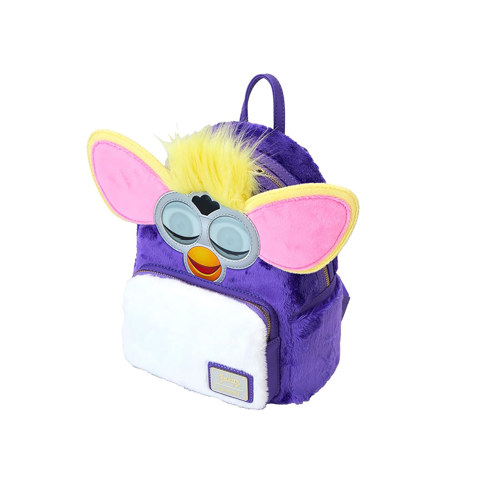 Una mochila Furby morada con detalles amarillos, rosas y blancos y la cara de Furby.