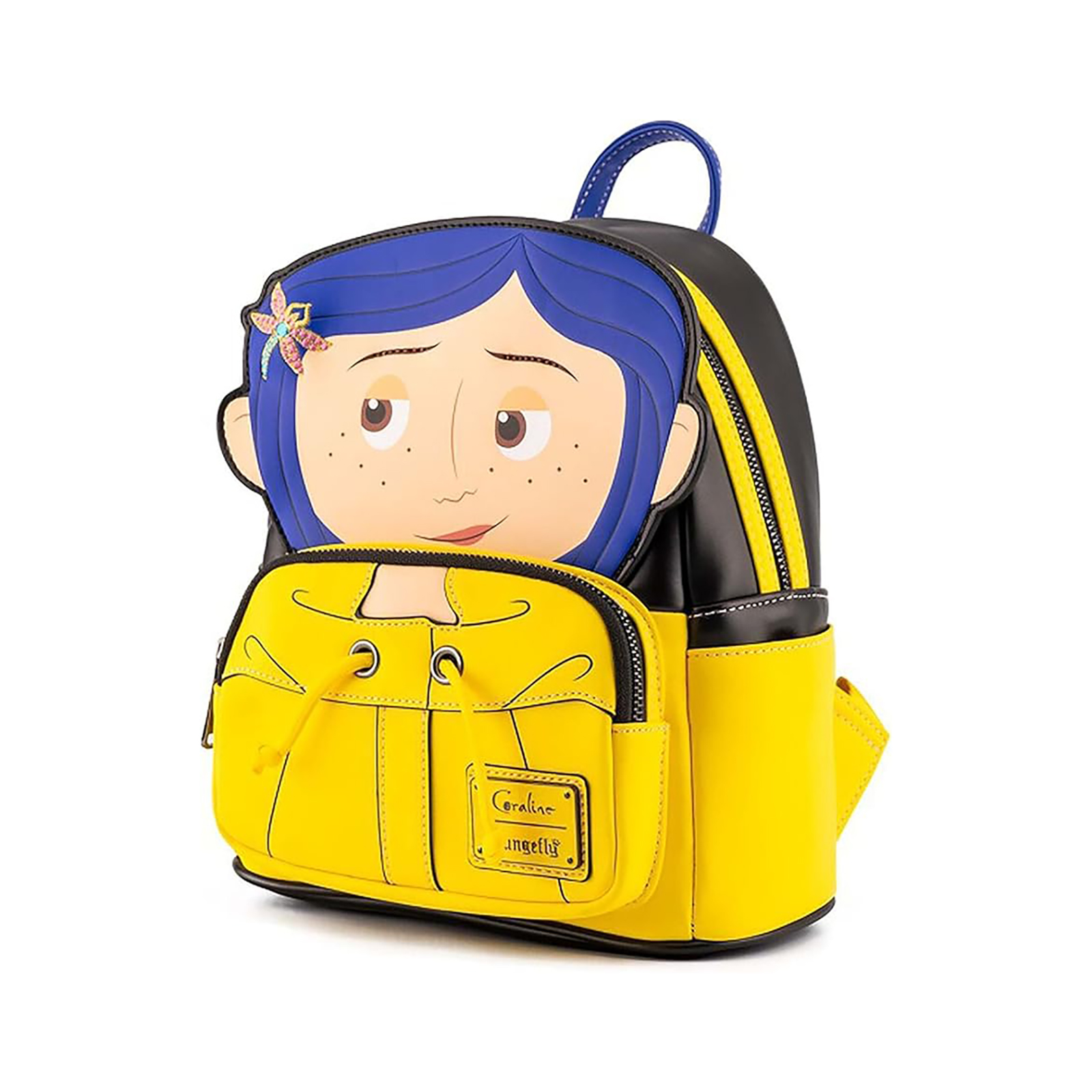 Uno zaino di Coraline con un volto a cartone animato sul davanti, un design a giacca gialla, schiena nera e manico blu.