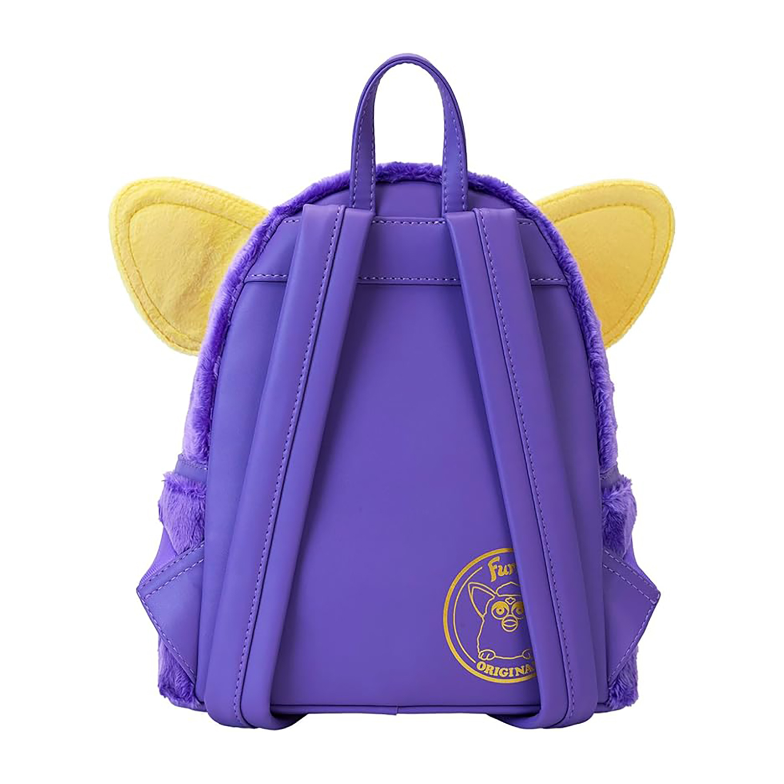 Vista trasera de la mochila Furby morada con orejas amarillas, correas moradas y el logo de Furby.