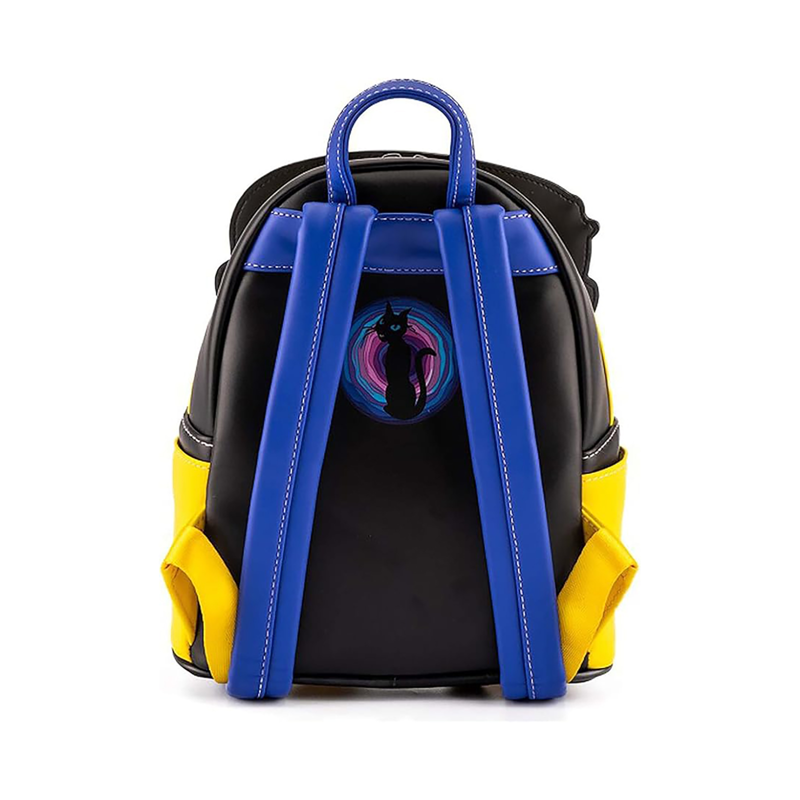 Zaino nero con cinturino blu, dettagli gialli e sagoma di gatto sul retro.