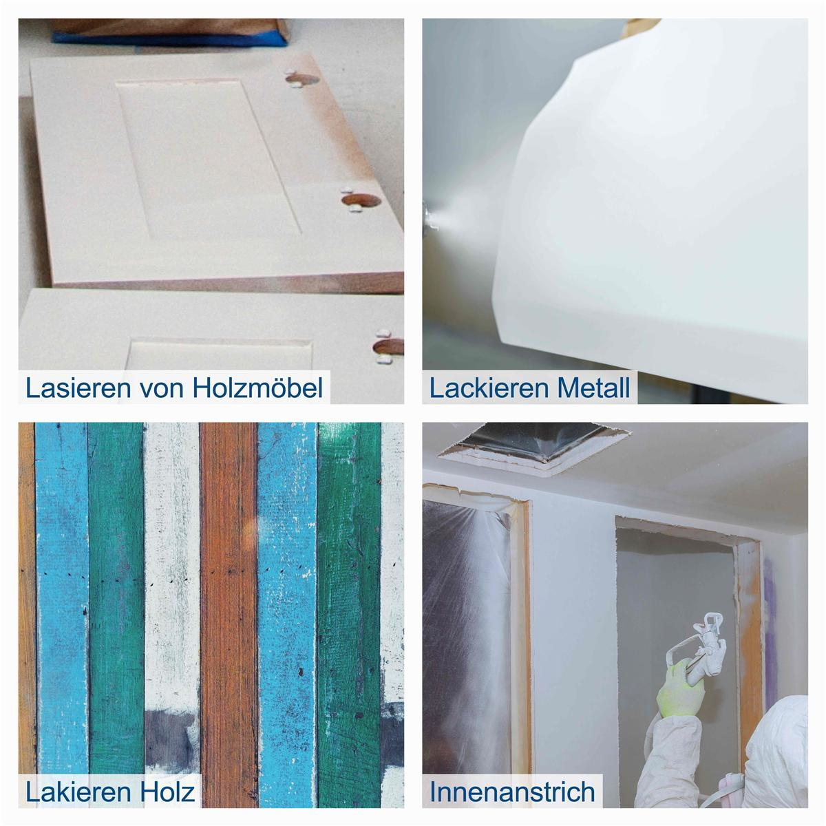 Vier Bilder, die Lackieranwendungen zeigen: Holzmöbel, Metall, Holz und Innenanstrich mit einer Spritzpistole.