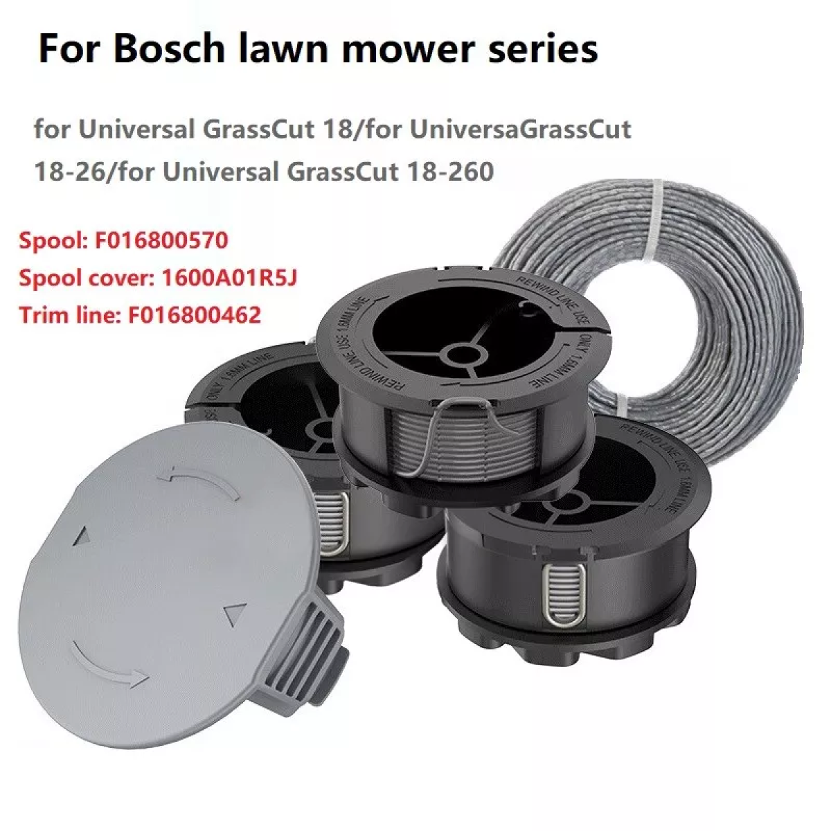 Bild zeigt Bosch Rasenmäherteile. Enthält eine Spule, eine Spulenabdeckung und eine Rolle grauer Trimmerschnur. Text: Für Bosch Rasenmäher-Serie.