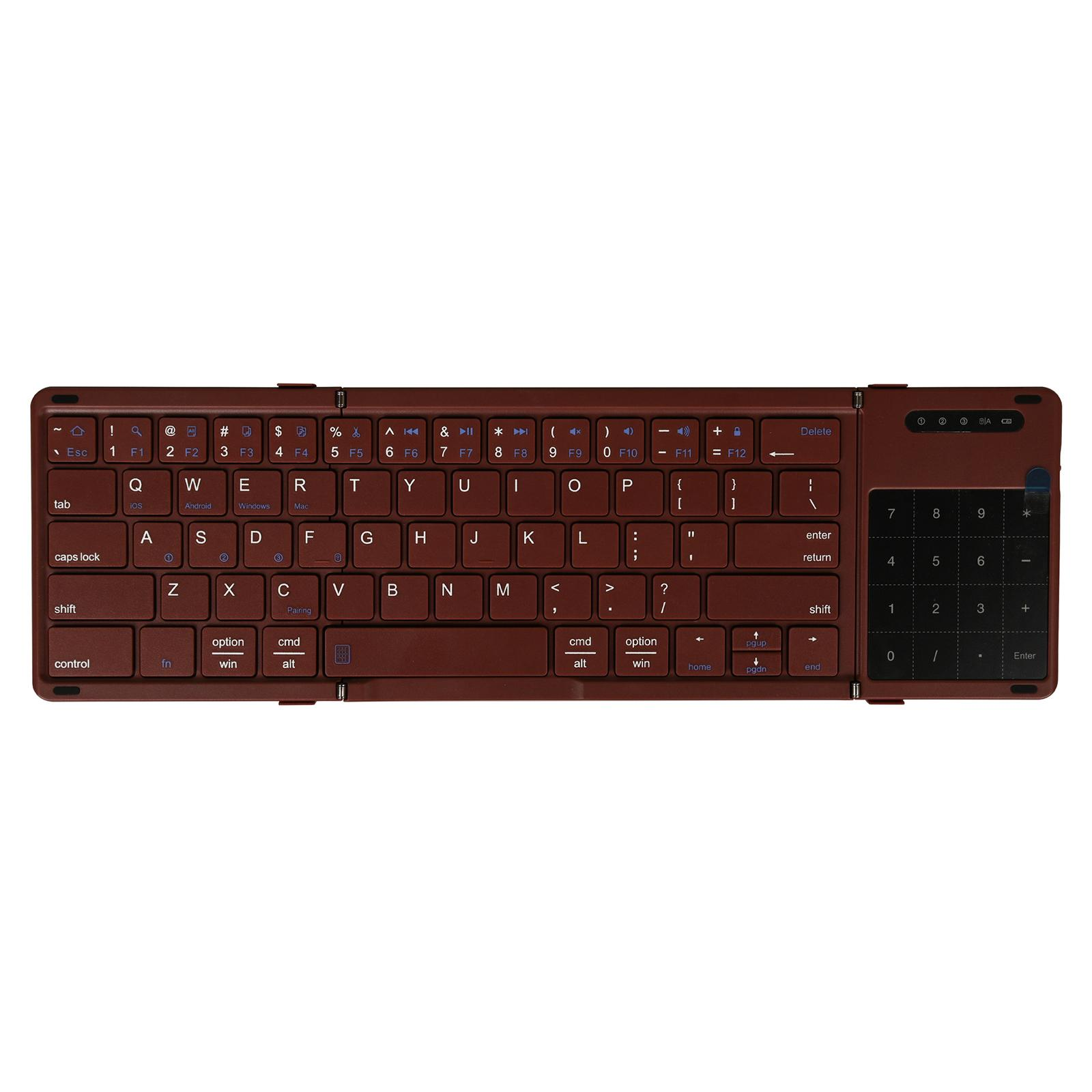 Eine braune, faltbare Tastatur mit Nummernblock, auf einer weißen Oberfläche.