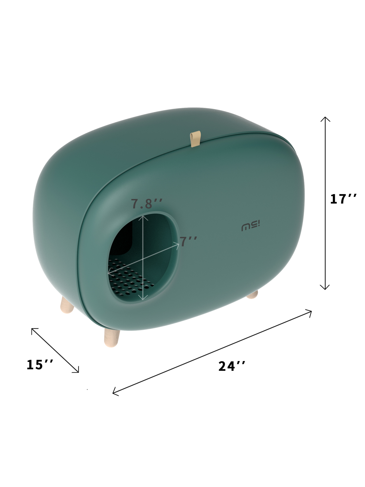 Eine grüne Katzenstreu-Box mit markierten Abmessungen. Sie steht auf Holzbeinen.